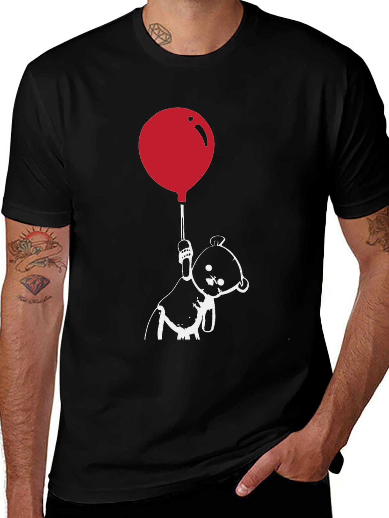 Variant 2 of Balloon Bear Graphic Tee - Black Cotton Casual