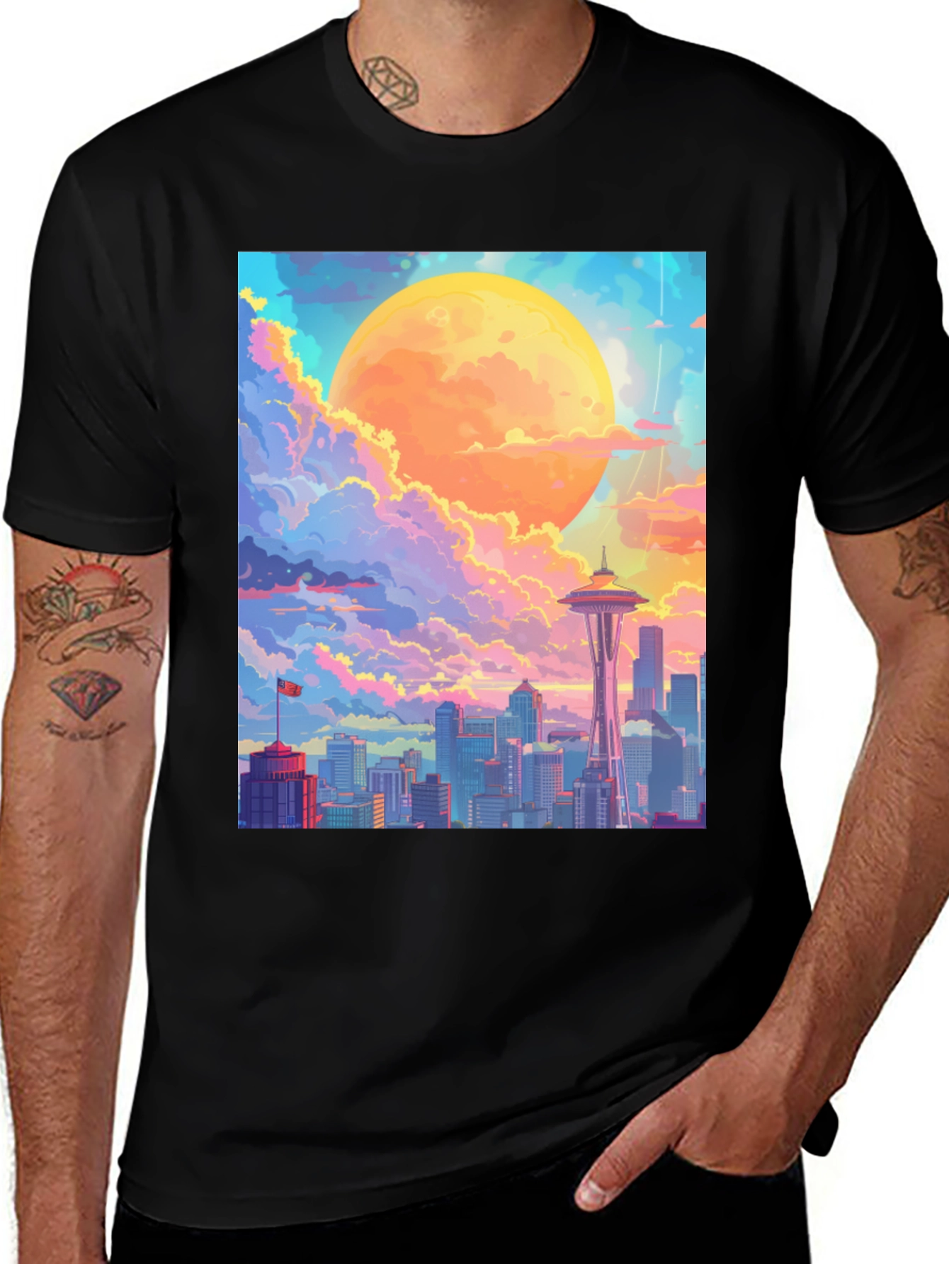 Seattle Skyline Art T-Shirt - Vibrant Cityscape Tee