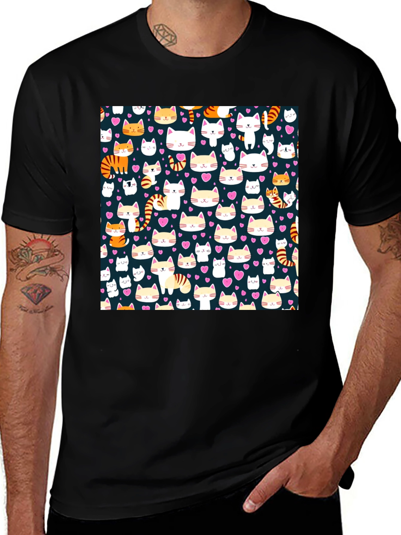 Variant 2 of Cute Cat Pattern Black T-Shirt