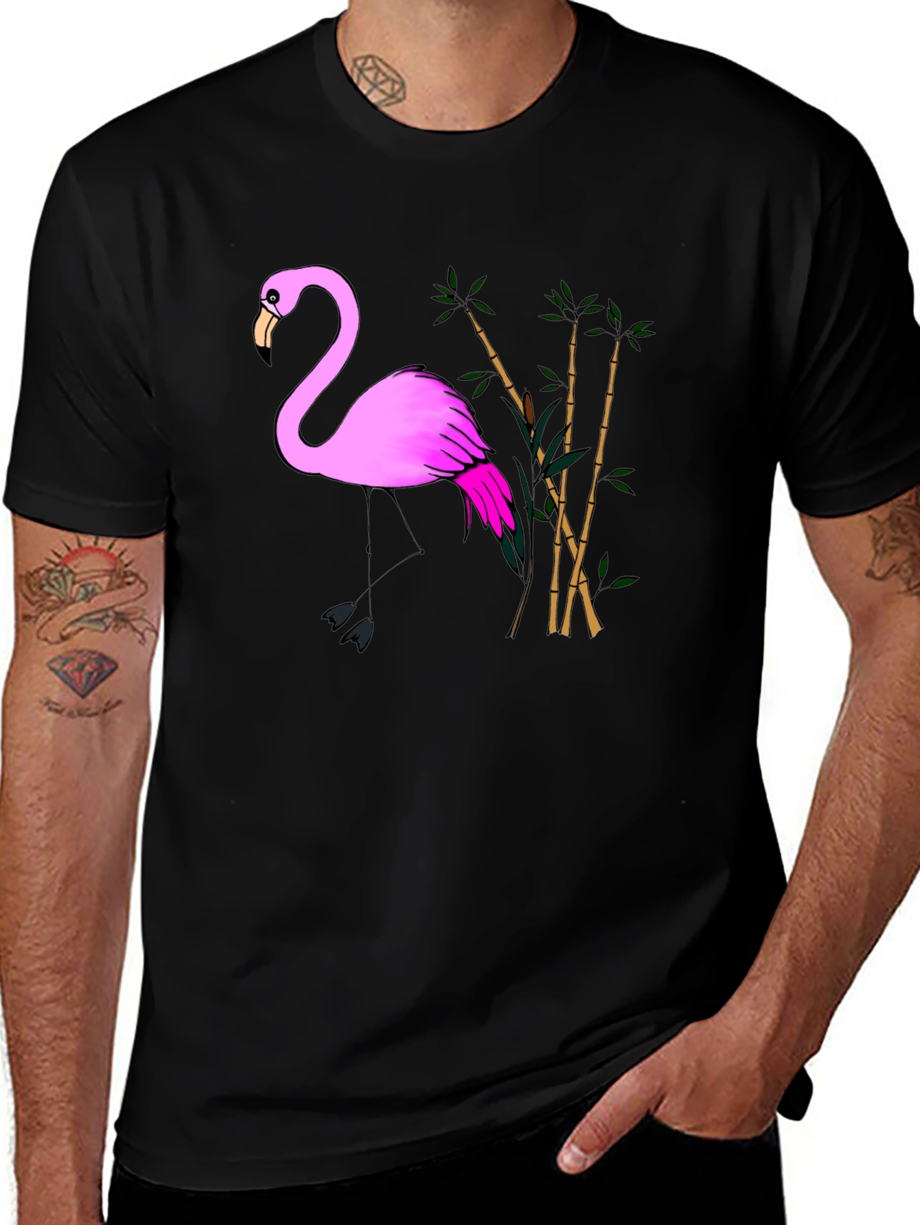 Variant 9 of Pink Flamingo & Bamboo Black T-Shirt