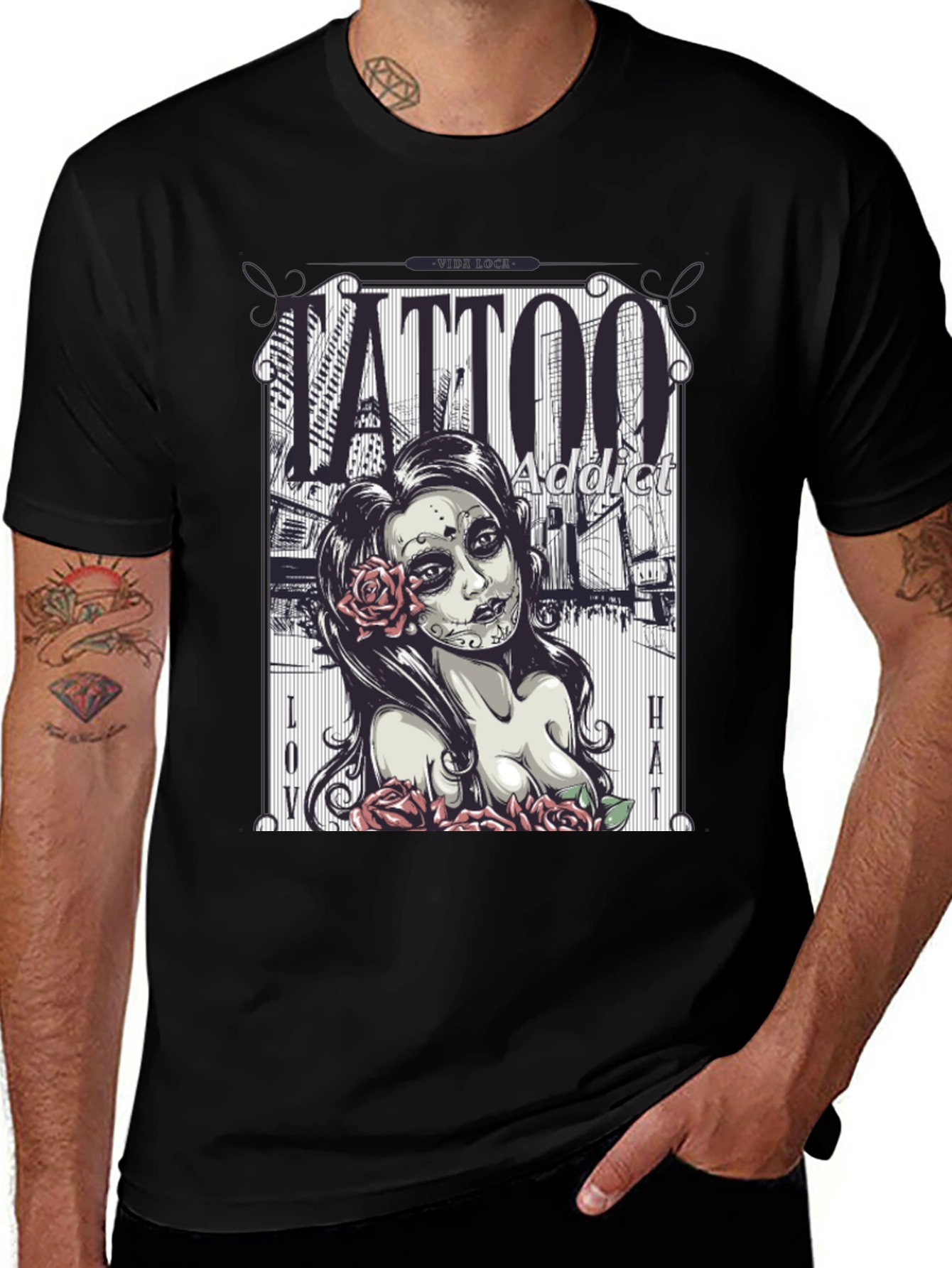 Variant 28 of Tattoo Addict T-Shirt - Sugar Skull Design