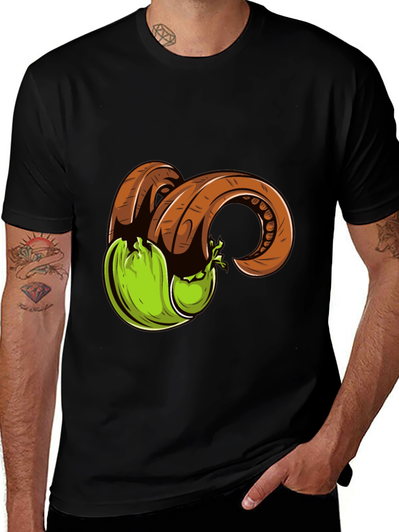 Black T-Shirt with Horned Fruit Graphic Print