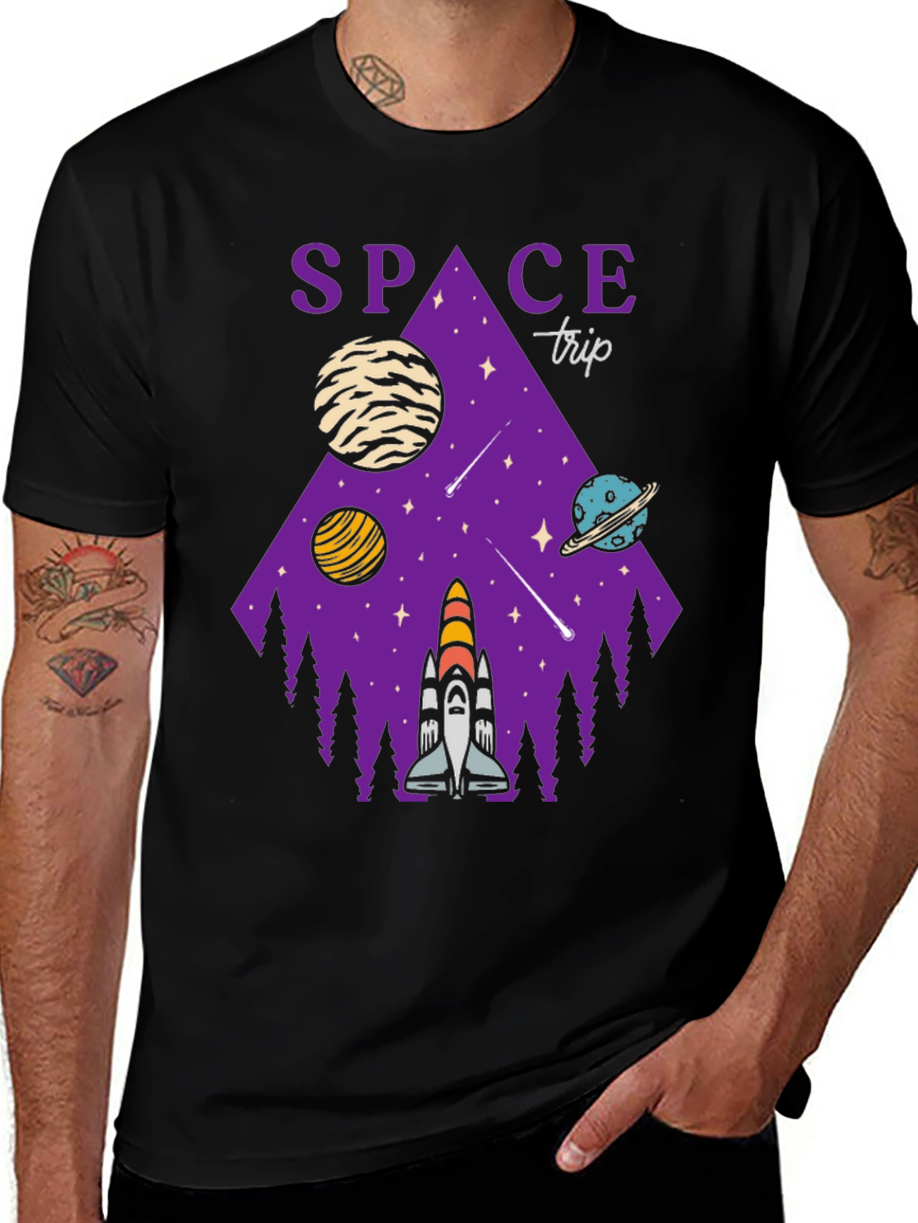 Variant 19 of Space Trip Graphic T-Shirt, Black Cotton Tee