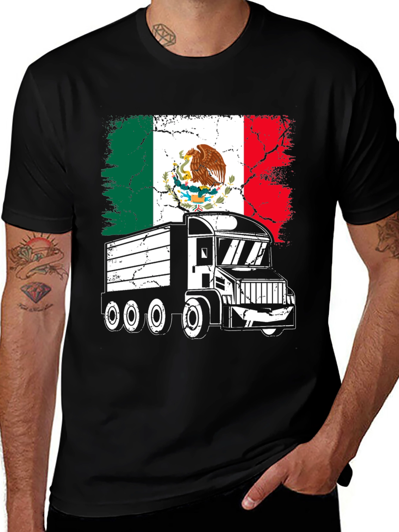 Mexican Flag Trucker T-Shirt - Black Graphic Tee