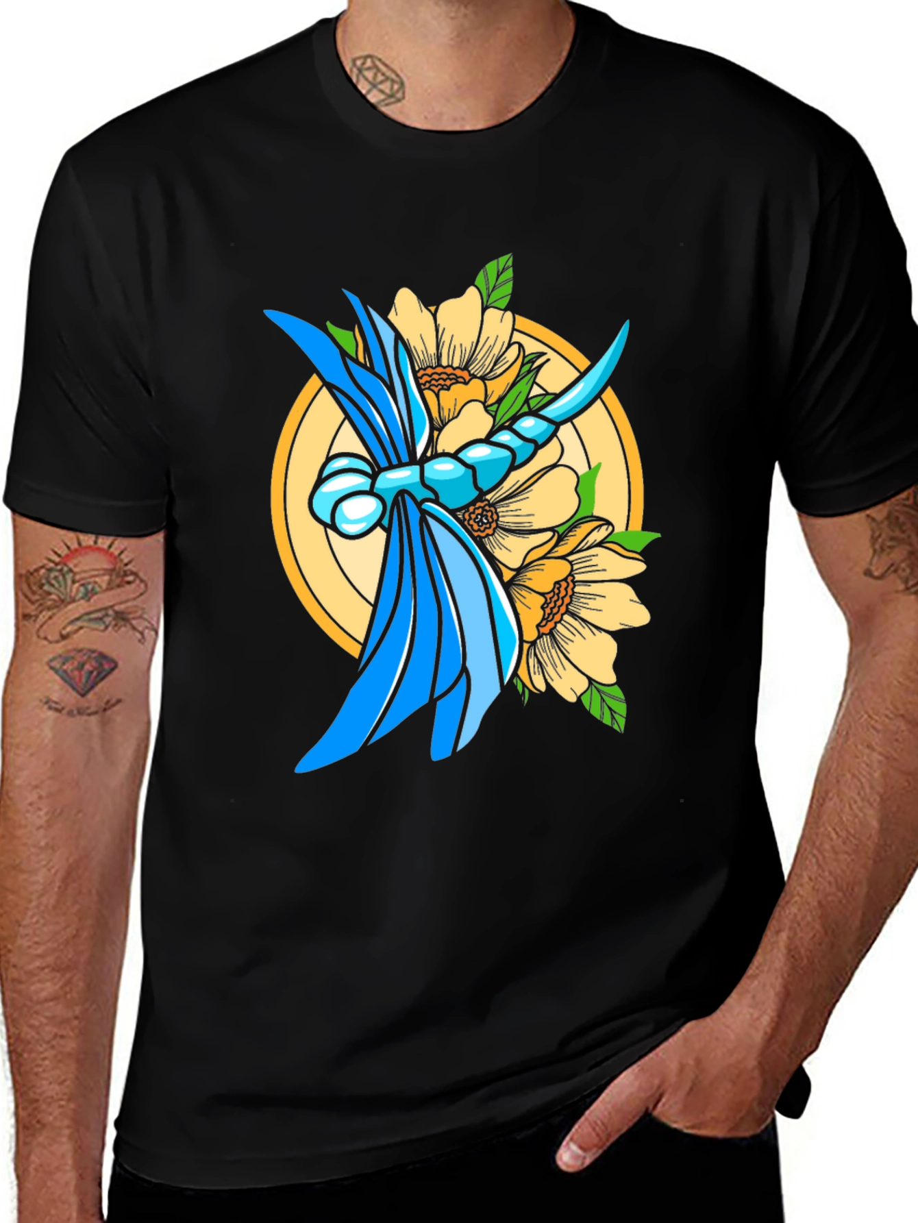 Dragonfly & Floral Graphic Black T-Shirt