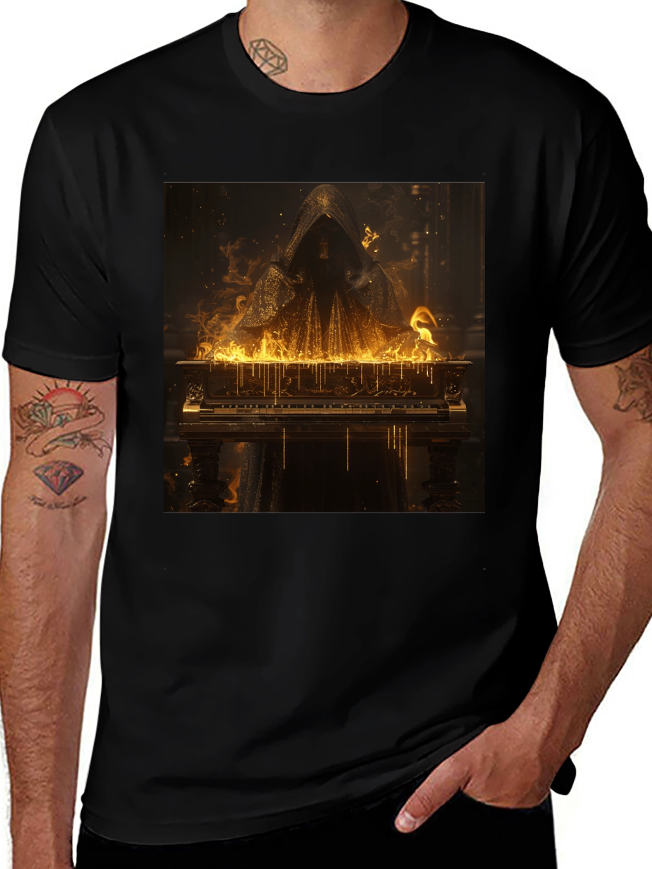 Variant 10 of Grim Reaper Piano Fire Graphic Black T-Shirt