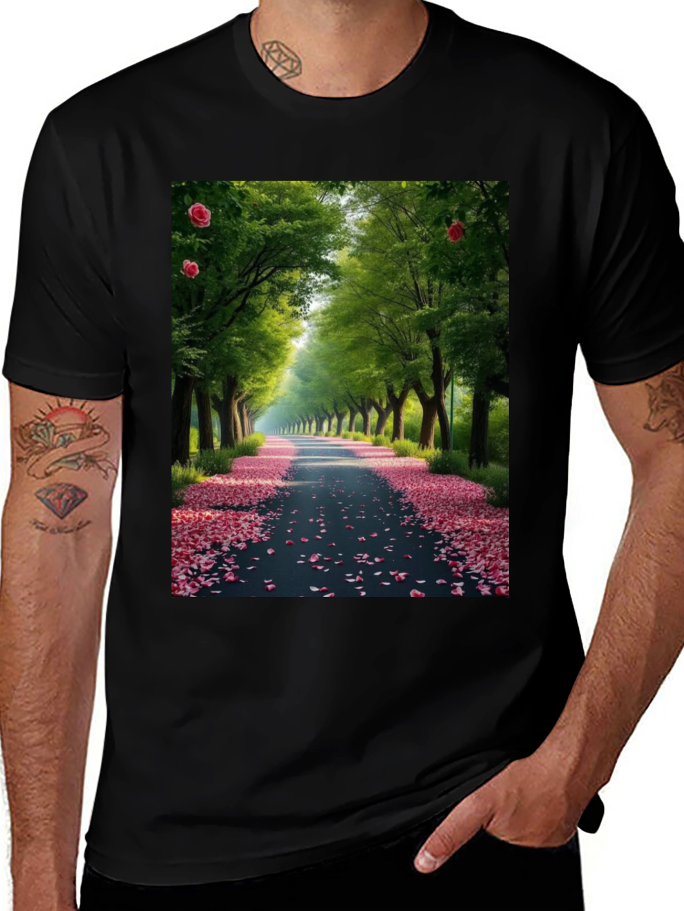Variant 11 of Floral Road Print Black T-Shirt