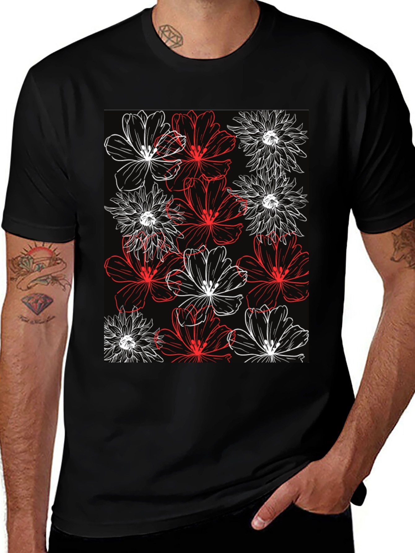 Floral Pattern Black T-Shirt