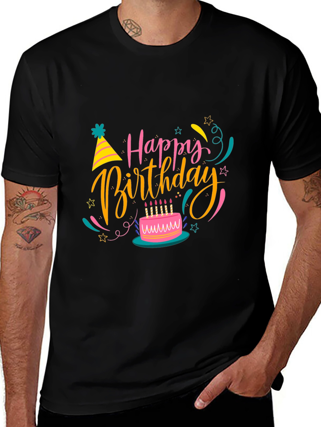 Variant 29 of Happy Birthday Graphic Tee - Black Cotton T-Shirt