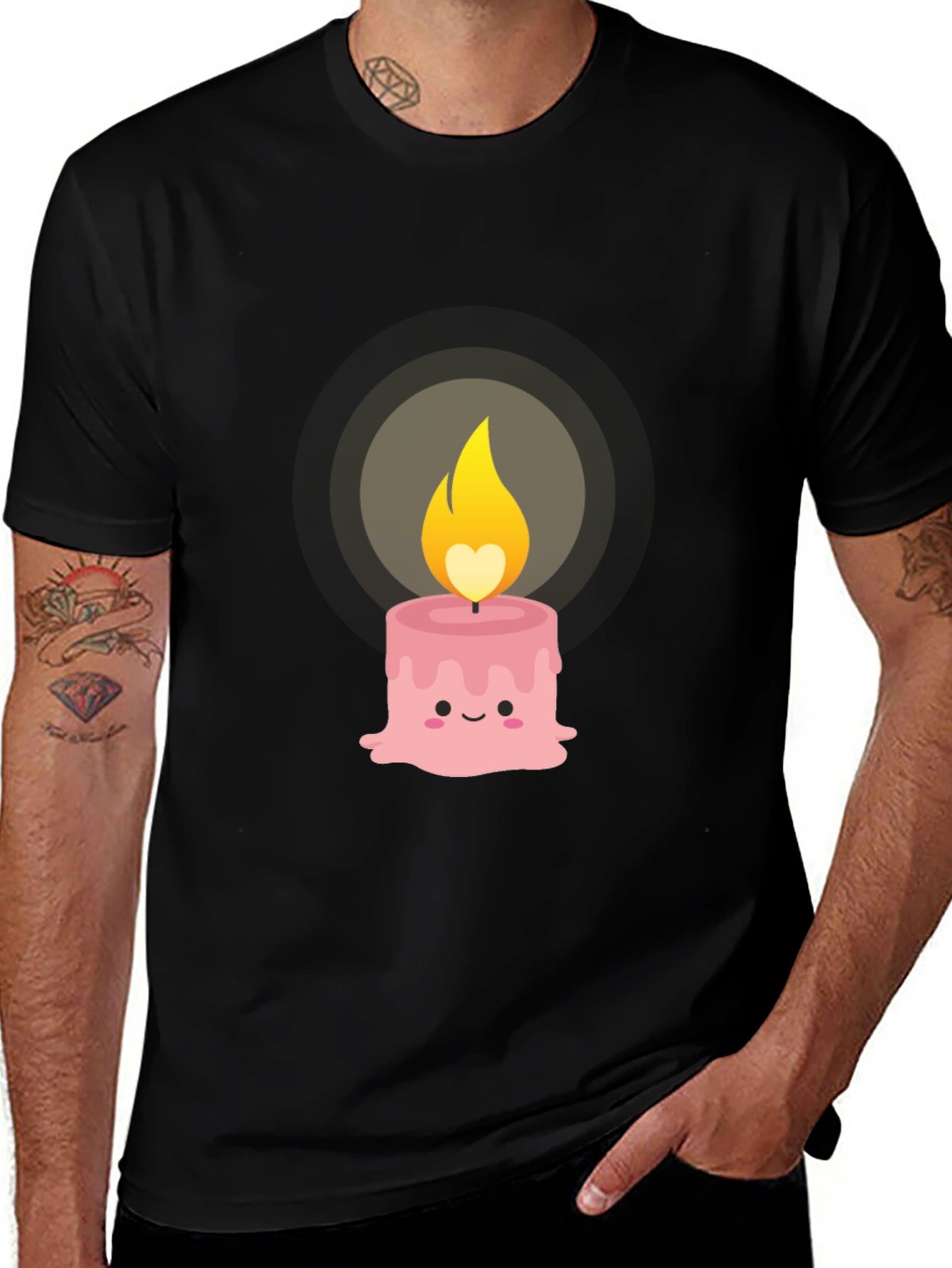 Cute Kawaii Candle Graphic Tee - Black Cotton T-Shirt