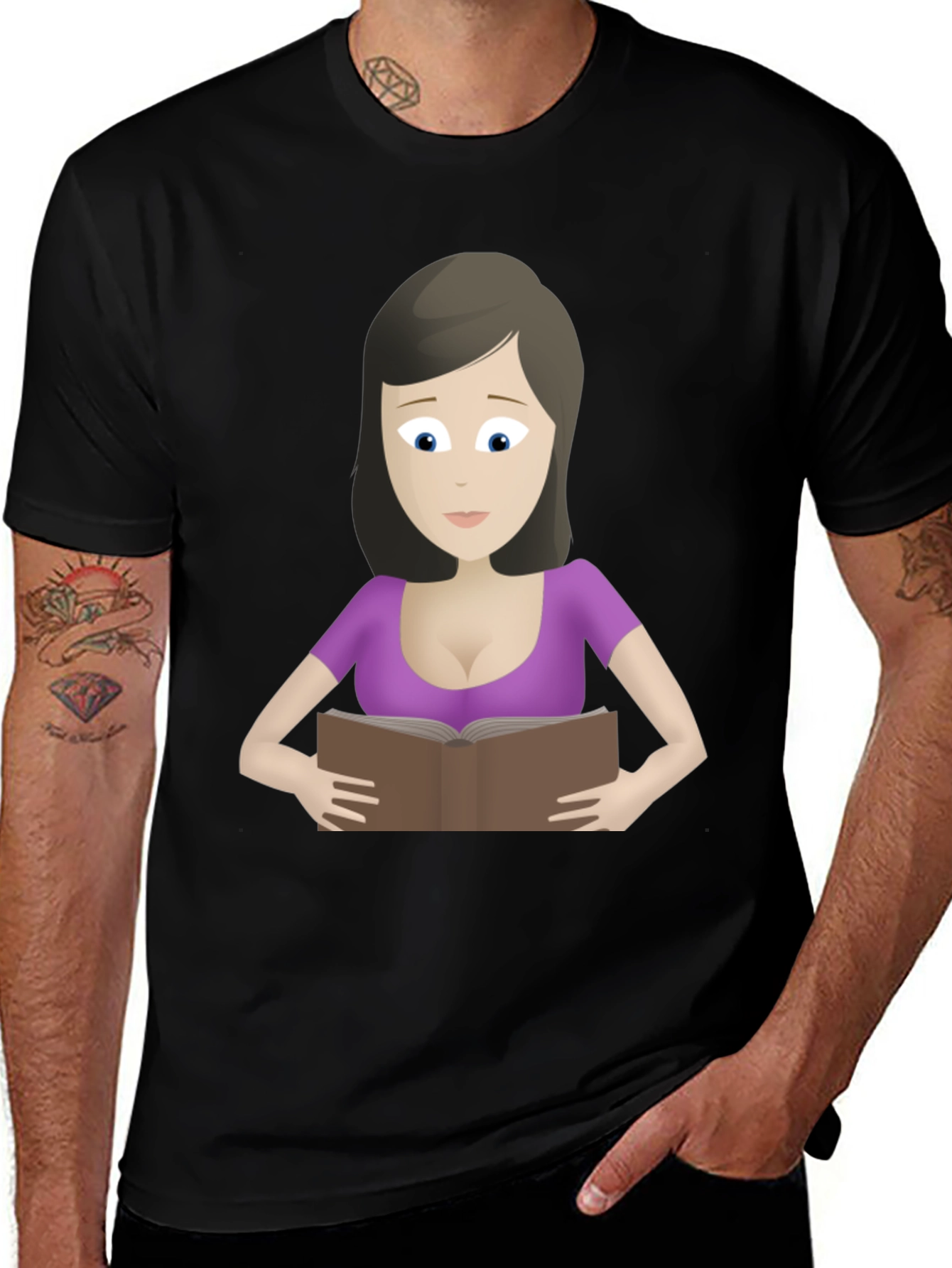 Variant 7 of Cartoon Lady Reading Book Black T-Shirt