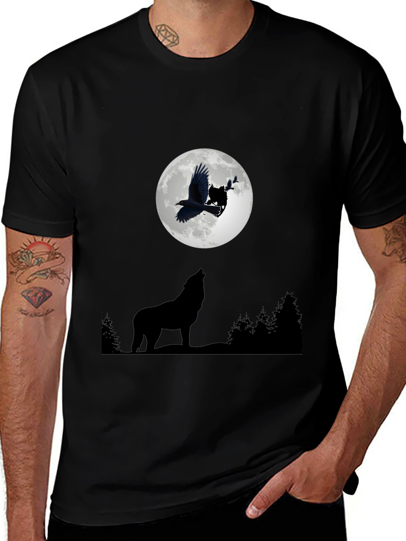 Variant 29 of Wolf & Raven Moon T-Shirt - Black Graphic Tee
