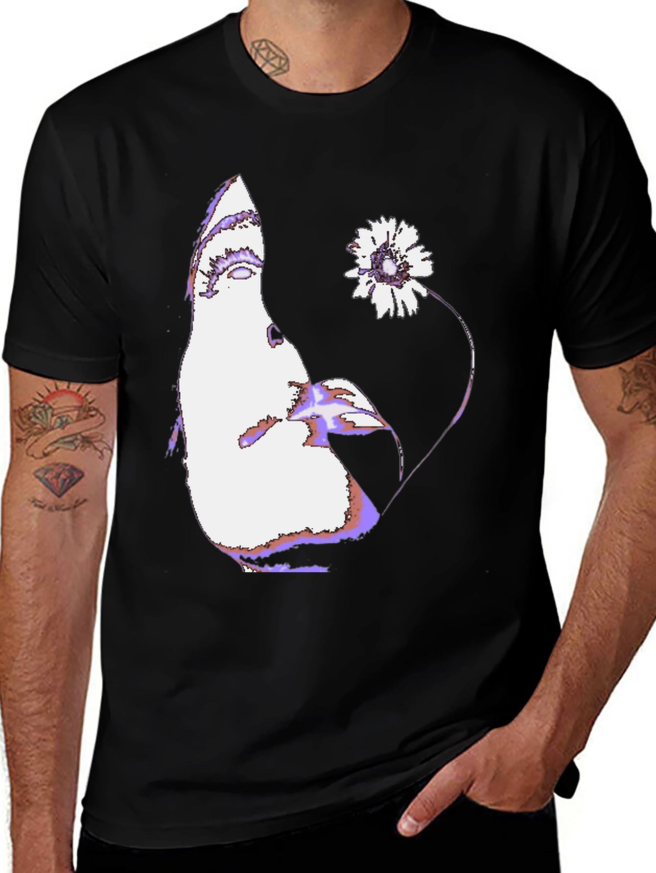 Variant 29 of Abstract Face & Flower Graphic Black T-Shirt