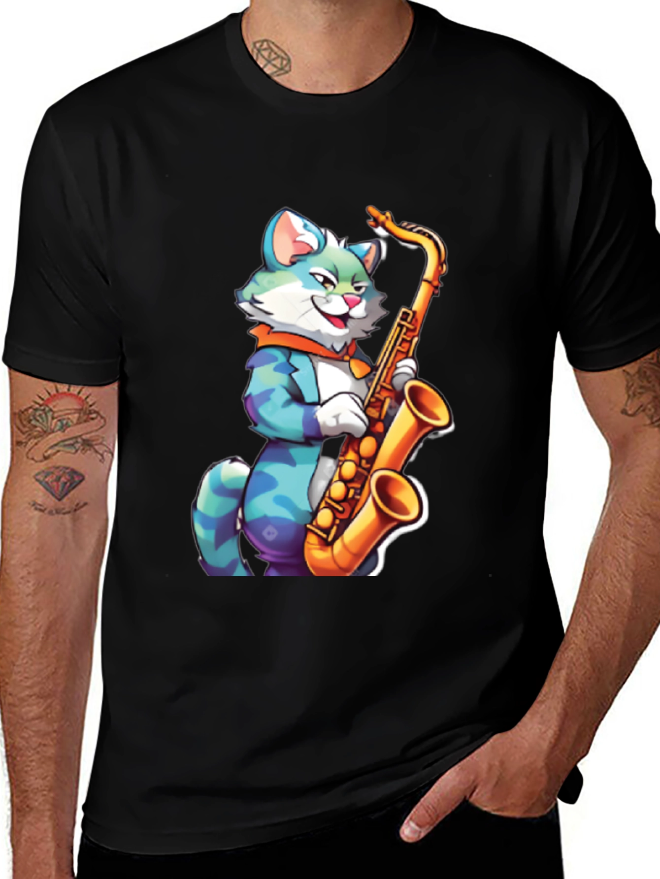 Variant 10 of Cool Cat Saxophone Graphic Tee - Unique Music Lover Shirt