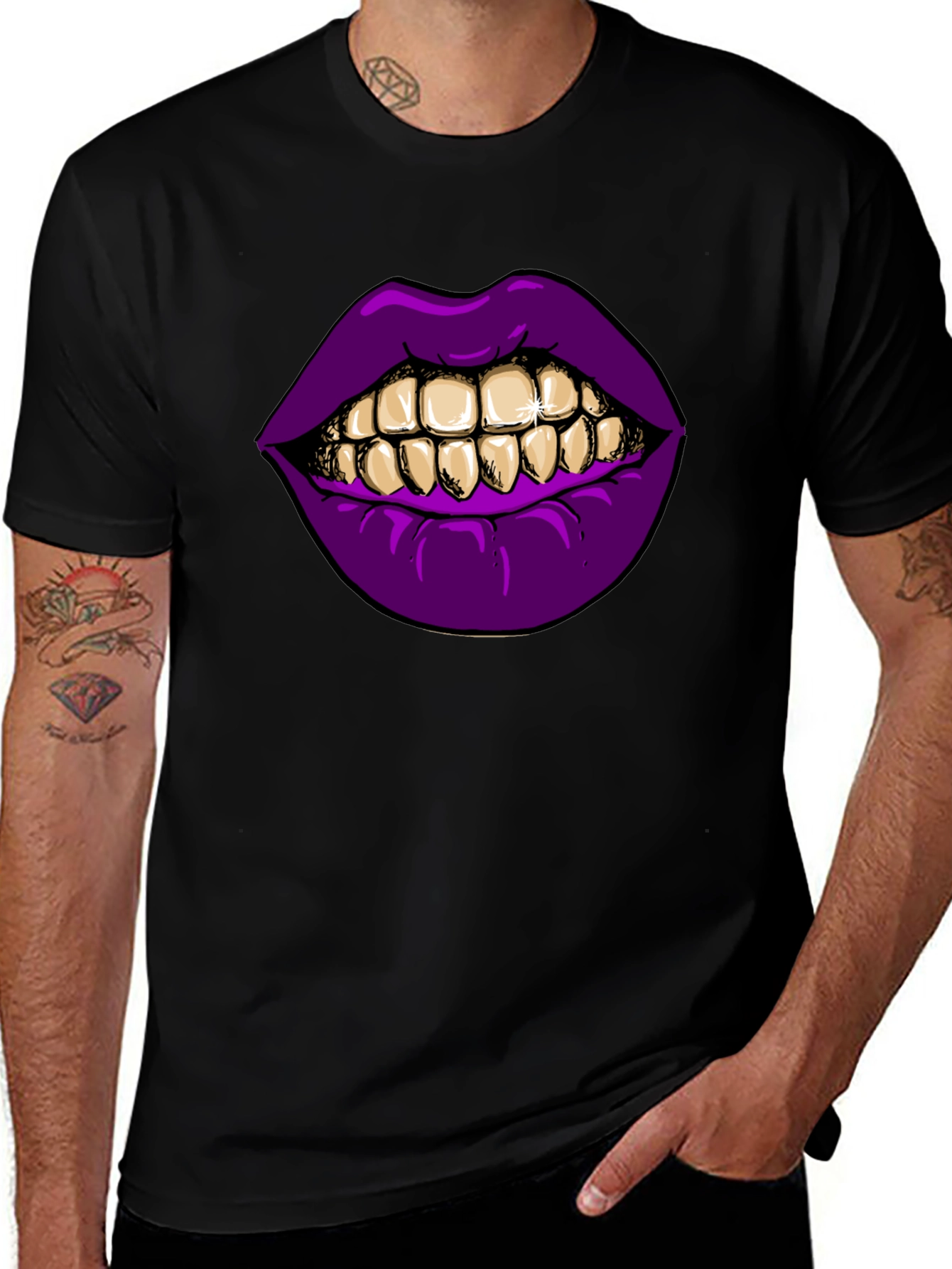 Variant 9 of Purple Lips Gold Teeth Graphic Black T-Shirt