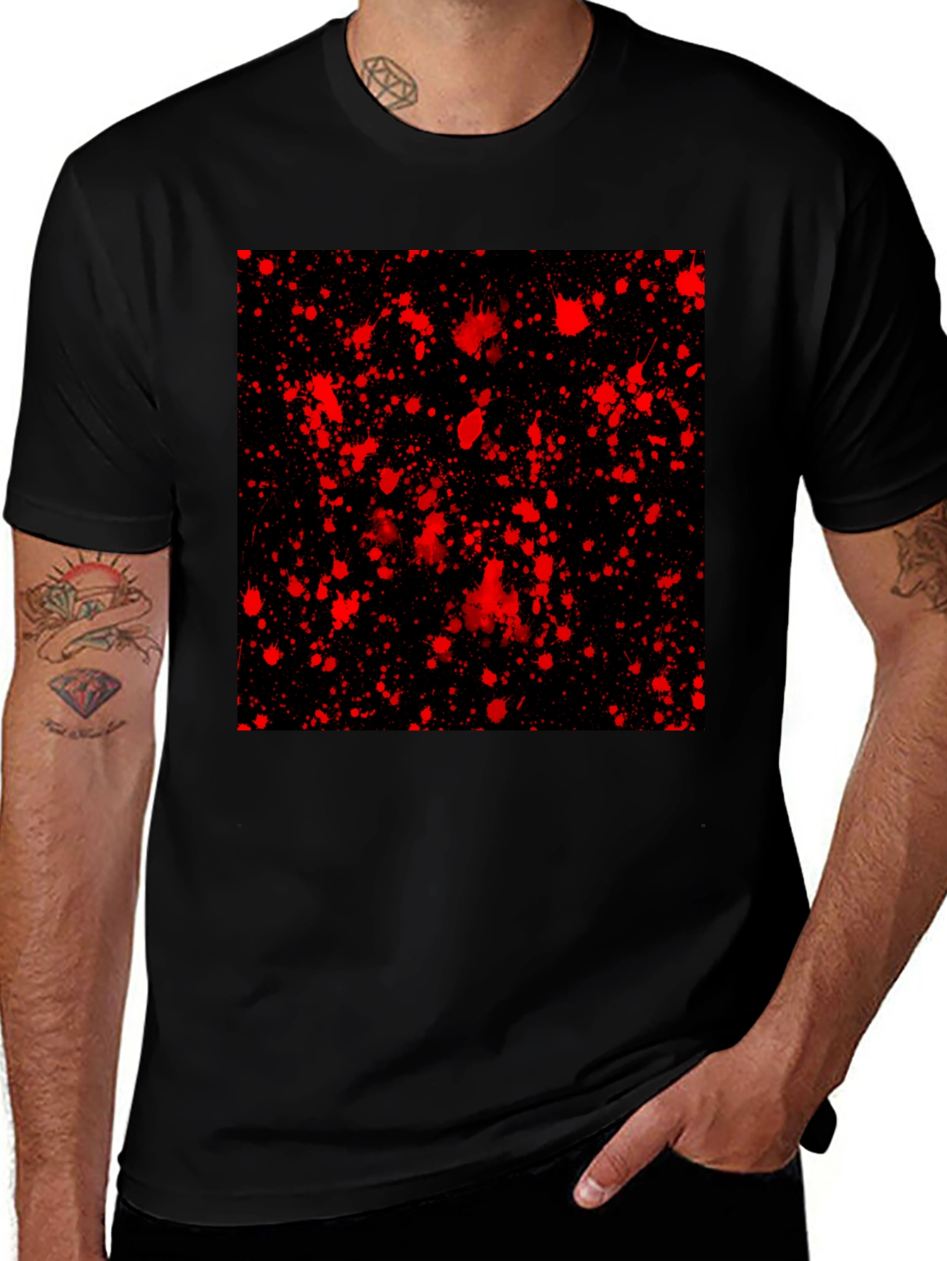 Black Edgy Black T-Shirt with Red Splatter Design main image