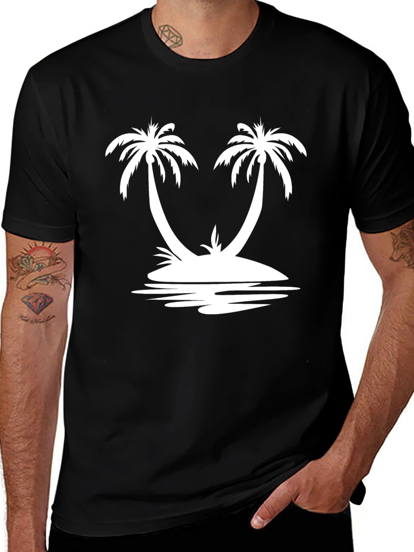 Variant 15 of Palm Tree Island Graphic Tee - Black Cotton T-Shirt