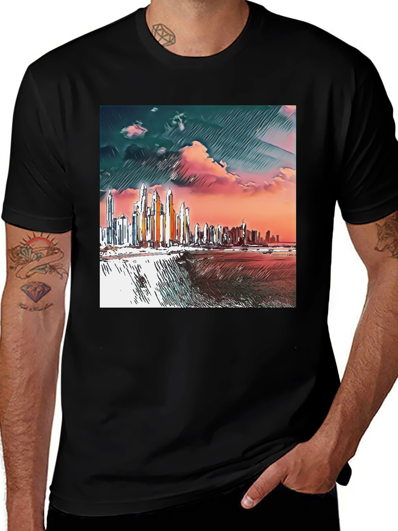 Cityscape Graphic Tee - Trendy Men's Black T-Shirt