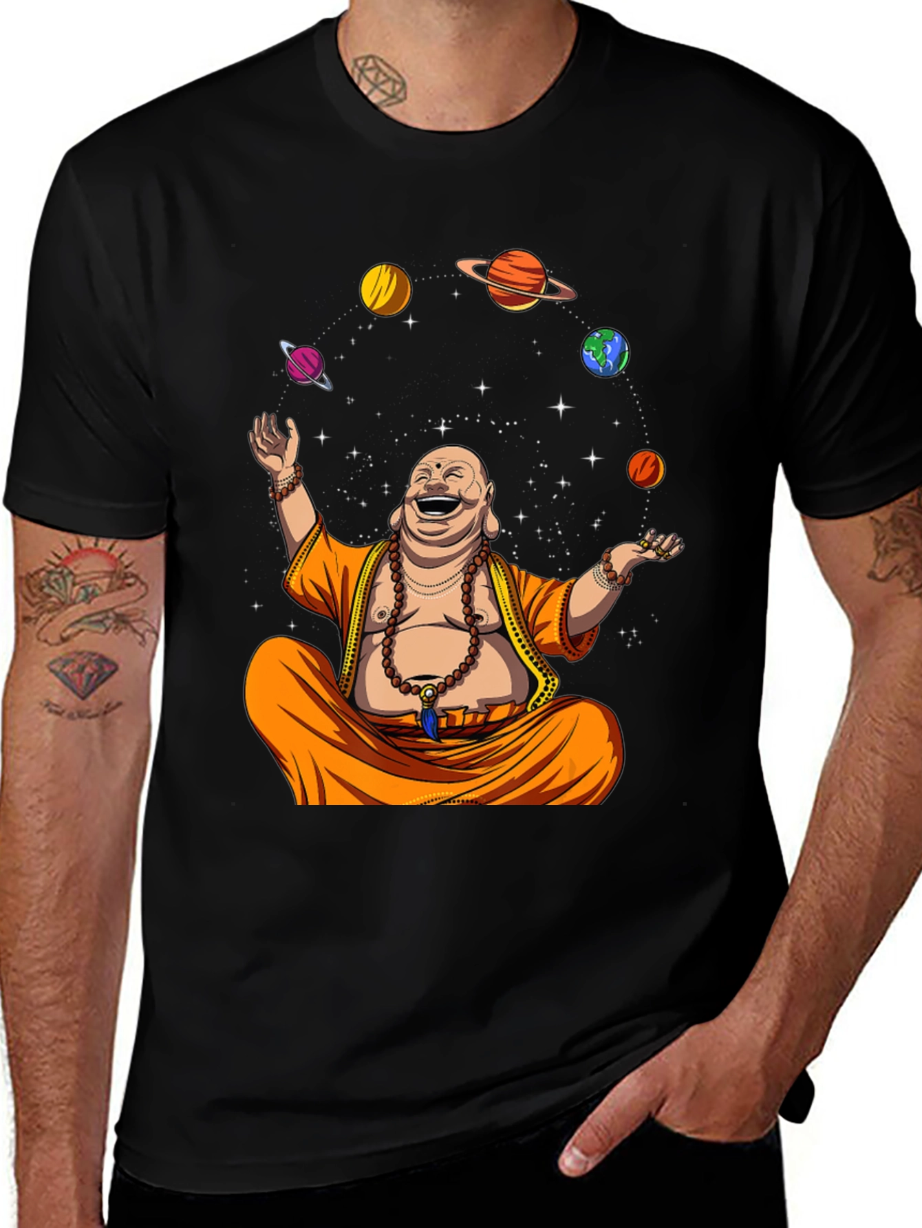 Buddha Juggling Planets Graphic Tee - Black Cotton T-Shirt