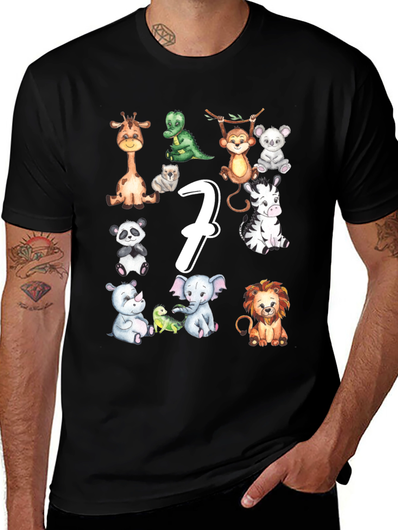 Variant 21 of Cute 7th Birthday Safari Animals Black T-Shirt