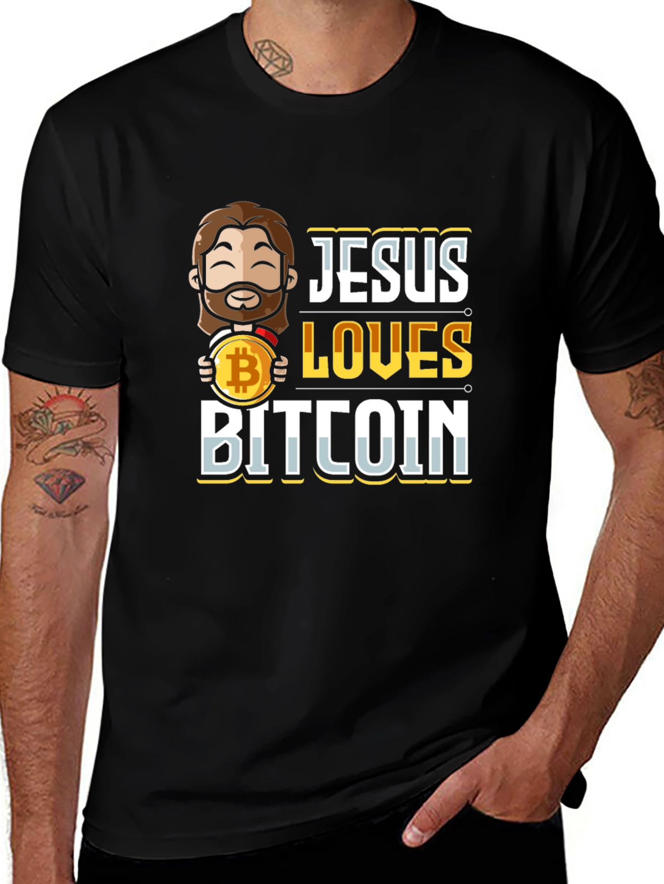 Variant 4 of Jesus Loves Bitcoin Graphic Tee