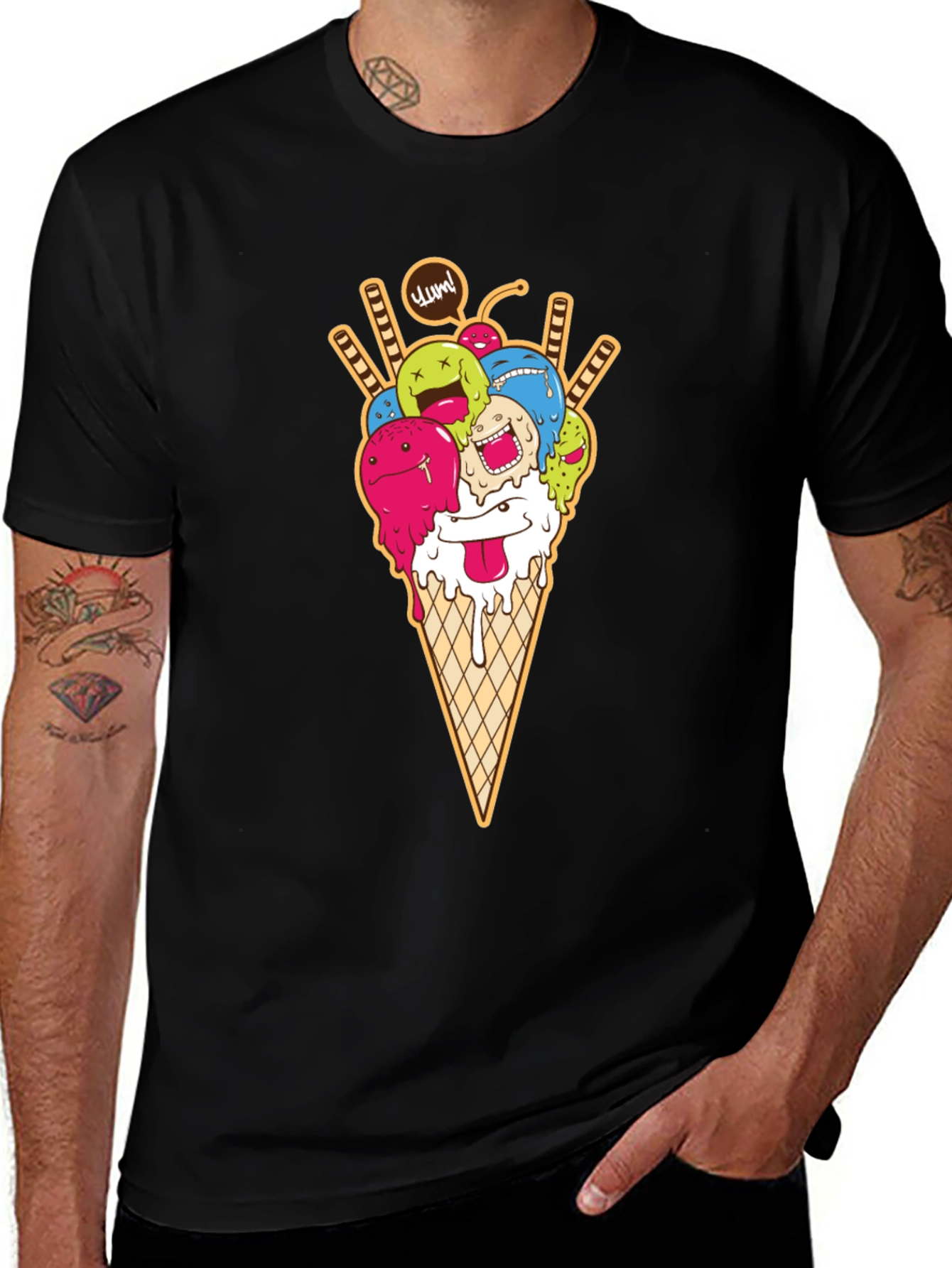 Variant 27 of Cartoon Ice Cream Cone Graphic Tee - Black