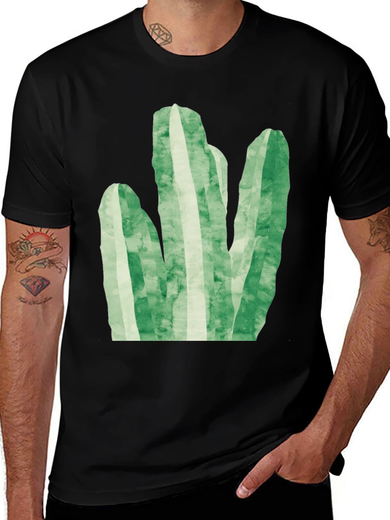 Variant 9 of Green Cactus Graphic Tee - Trendy Black T-Shirt