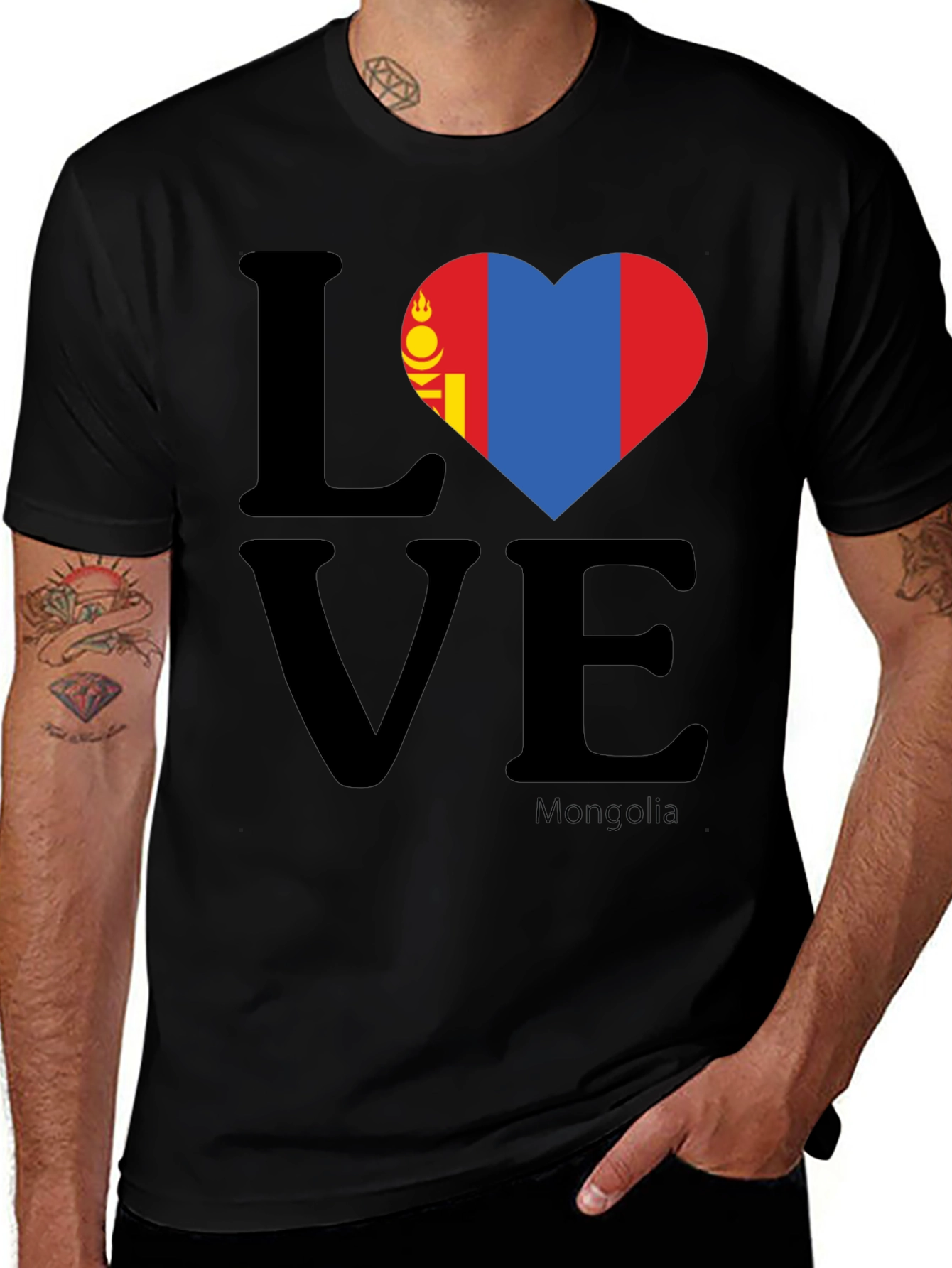 Mongolia Love Flag Heart T-Shirt - Black