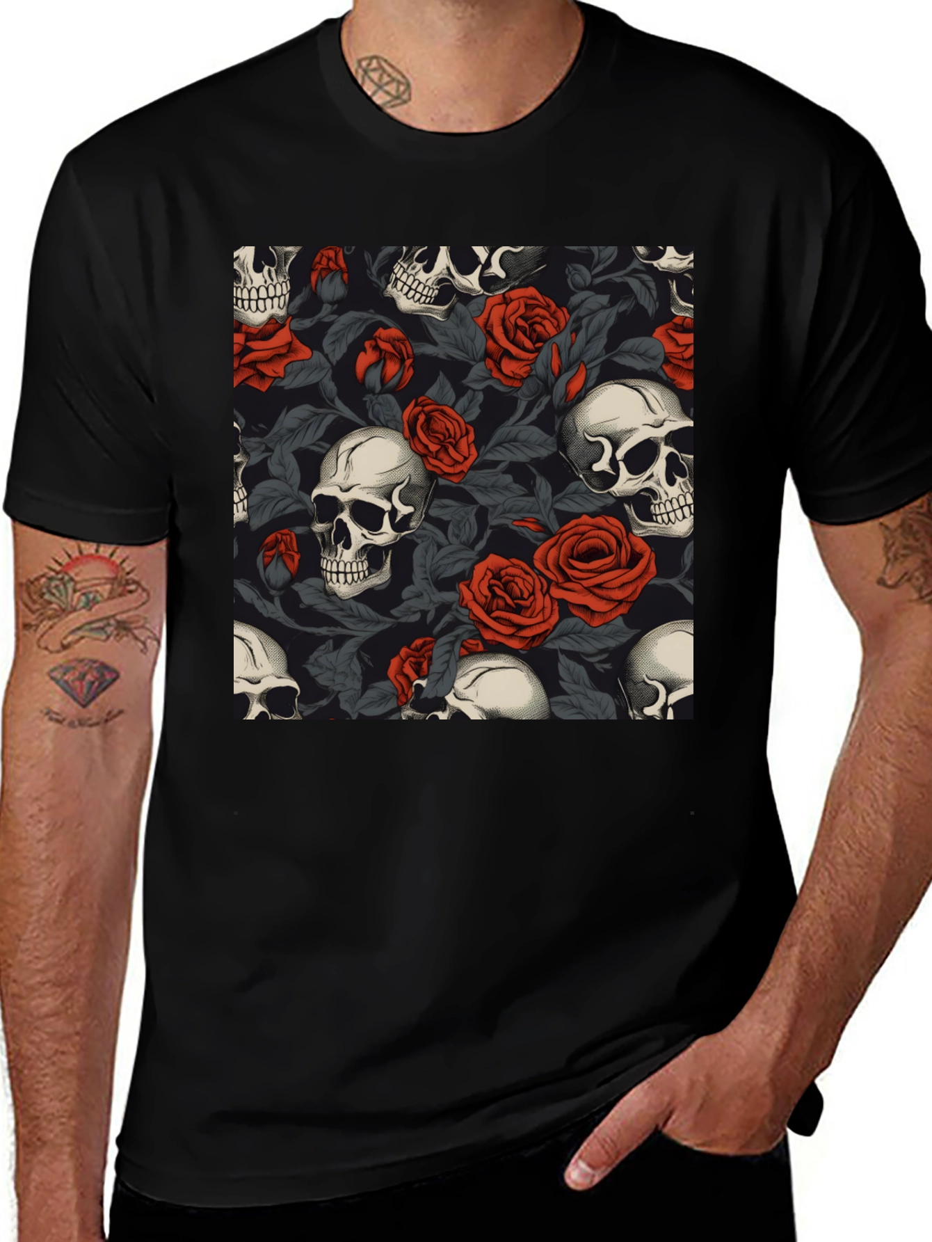 Variant 21 of Skull & Roses Graphic Tee - Gothic Style