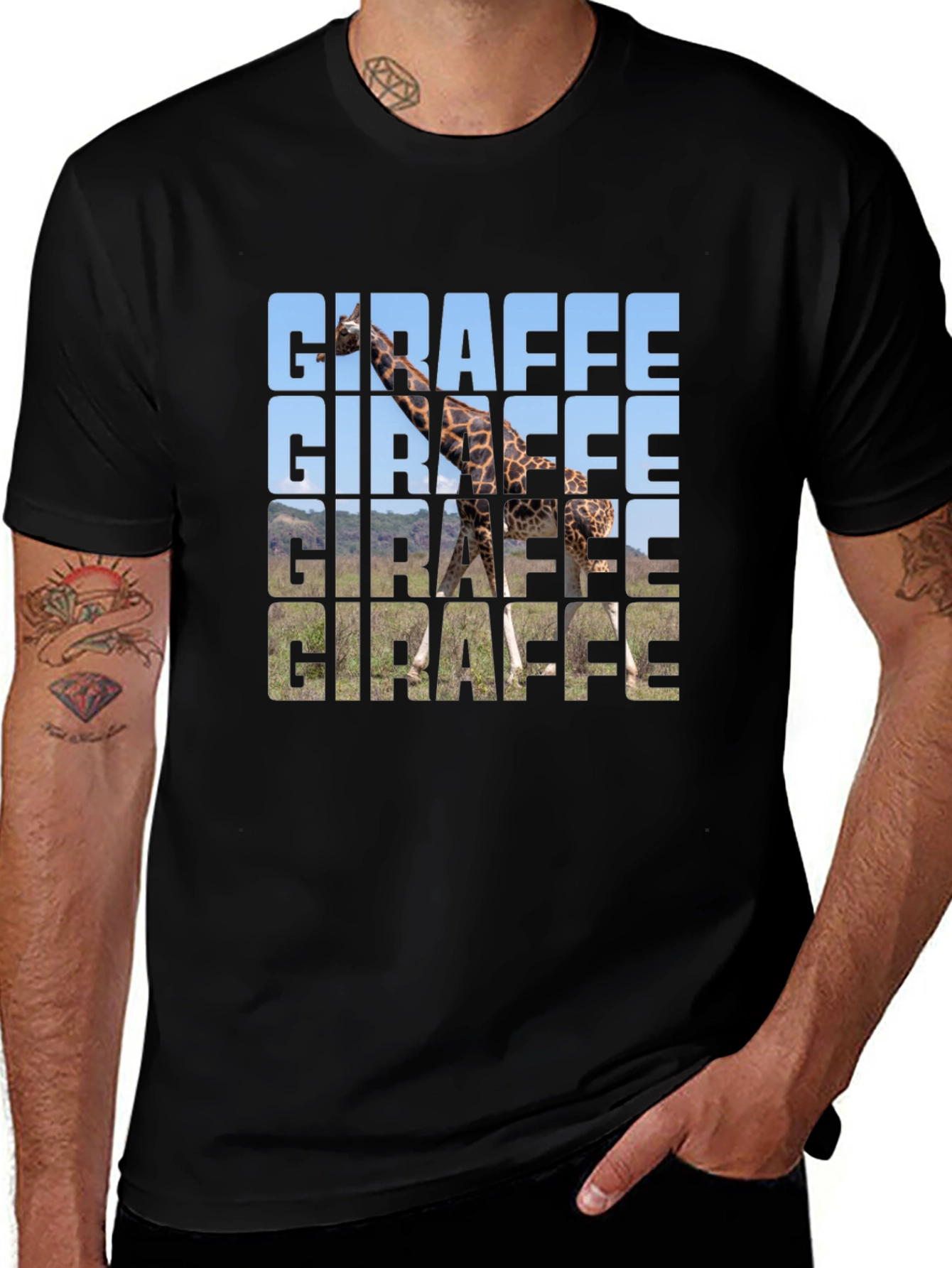 Variant 3 of Giraffe Print Black T-Shirt - Animal Lover Tee