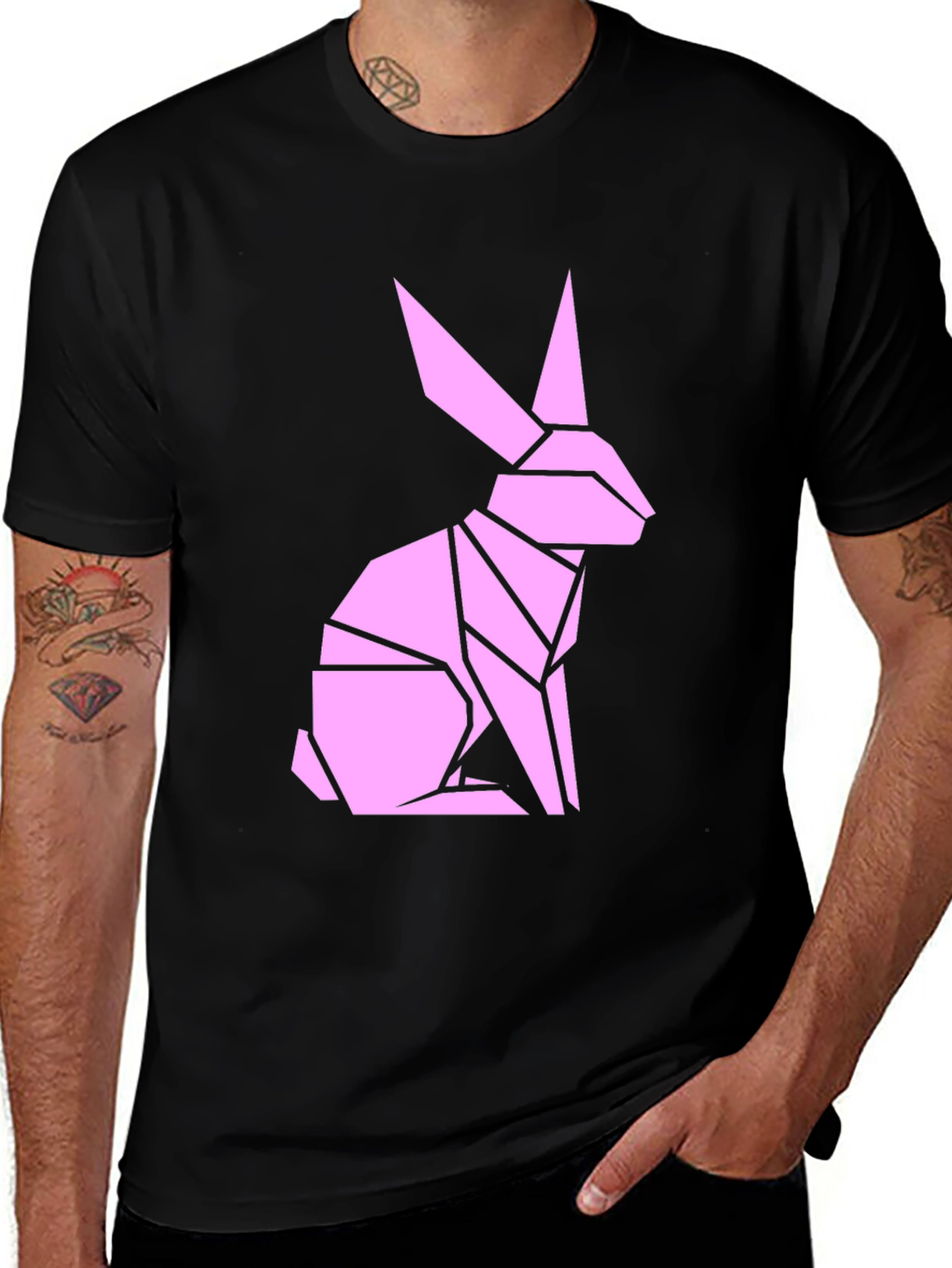 Geometric Pink Origami Rabbit Graphic T-Shirt