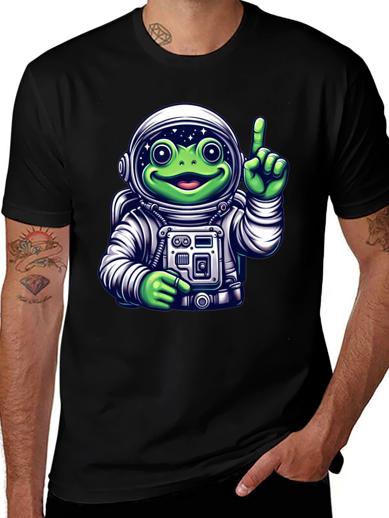 Variant 17 of Frog Astronaut Graphic T-Shirt - Black Crew Neck Tee