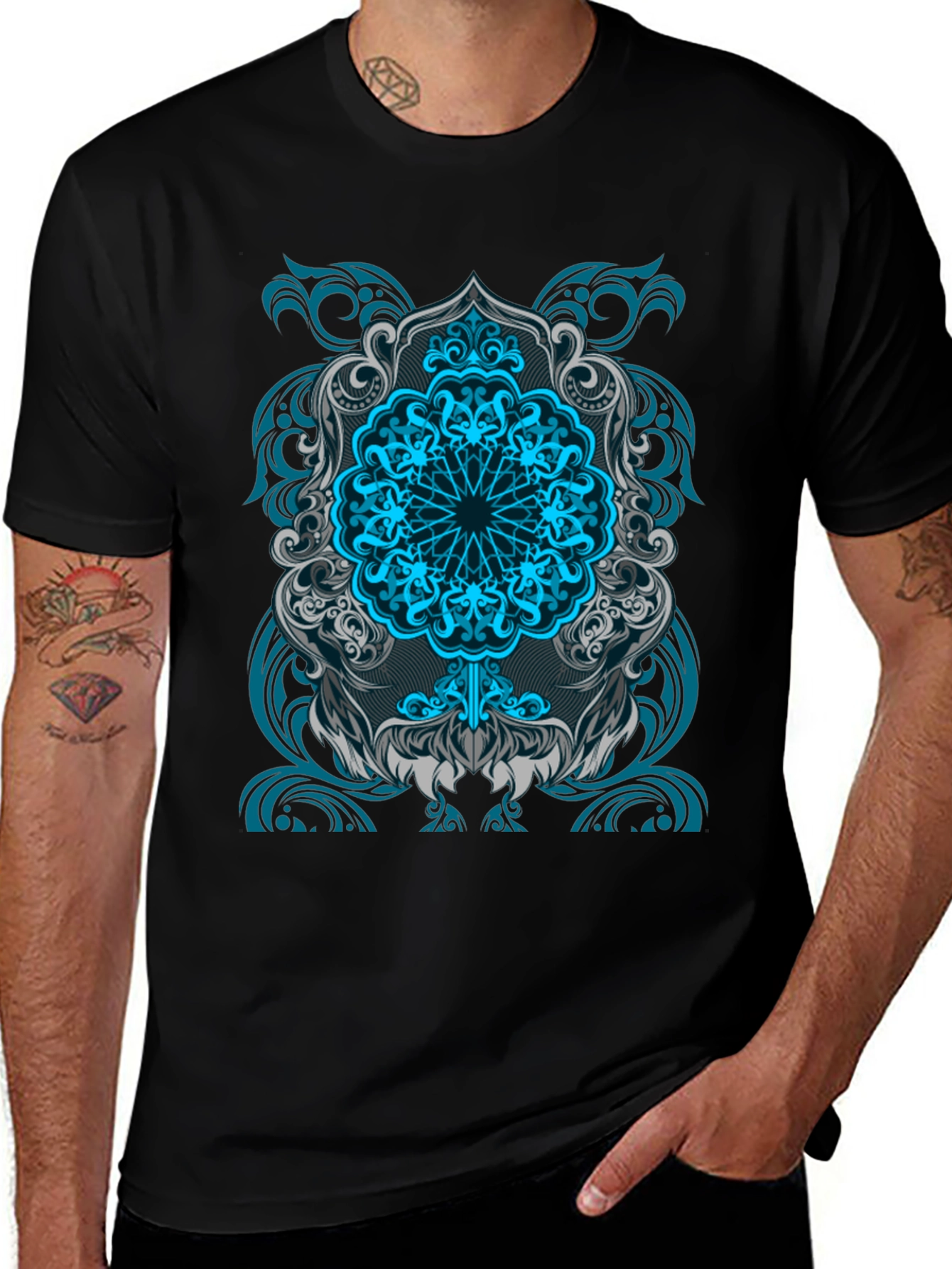 Variant 13 of Blue Mandala Graphic Print Black T-Shirt