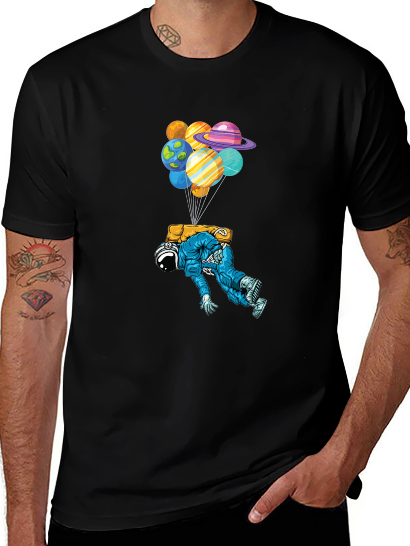 Variant 11 of Astronaut Planet Balloons Black Graphic Tee