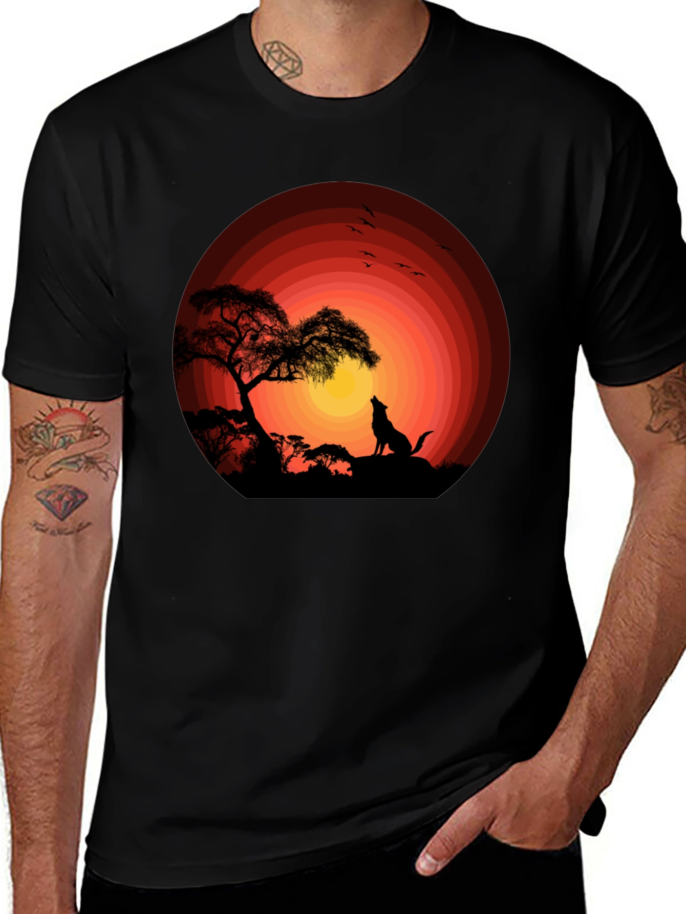 Variant 4 of Sunset Silhouette Wolf Graphic Tee - Black Cotton Blend