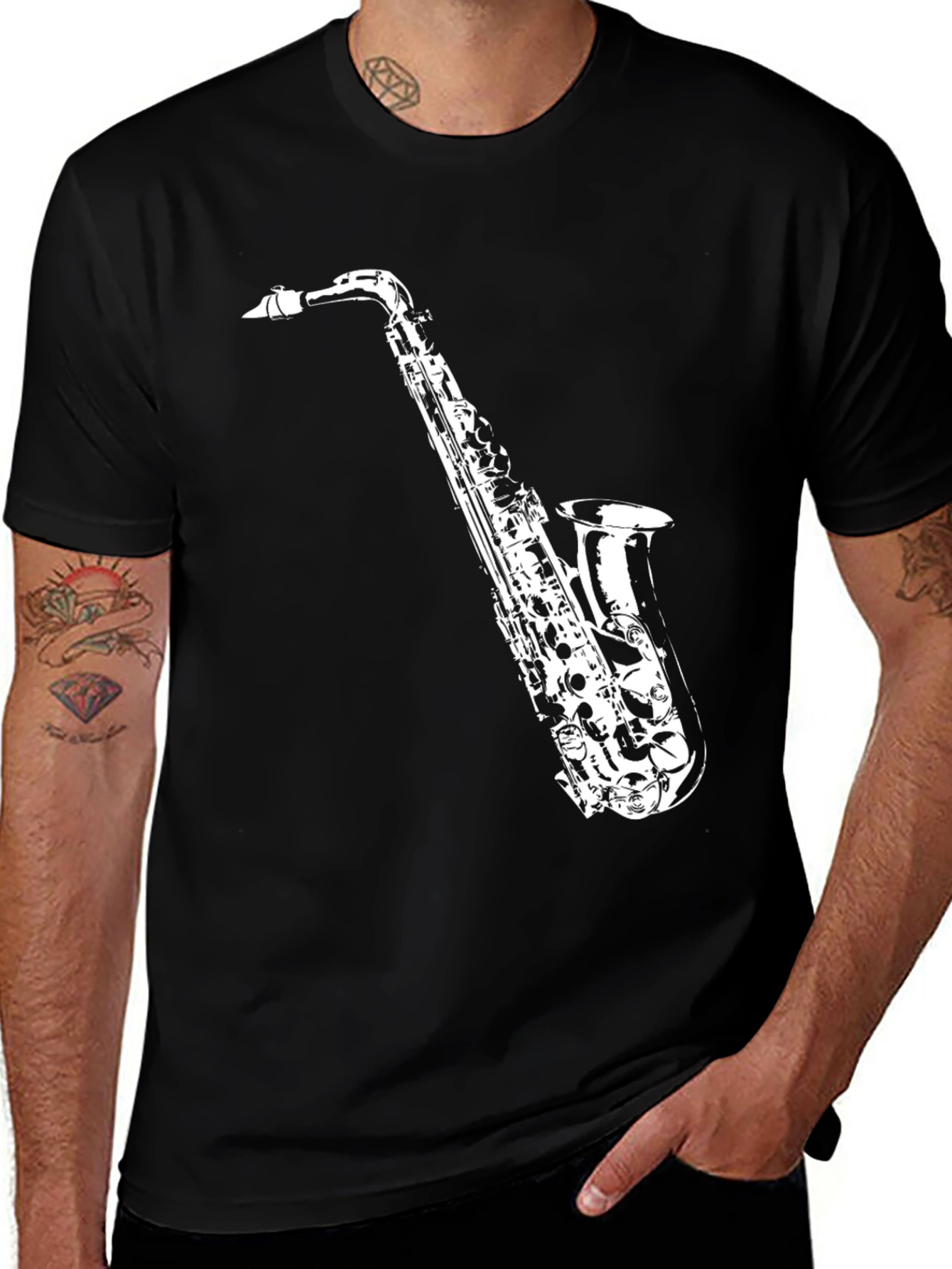 Variant 13 of Saxophone Graphic T-Shirt - Black Cotton Tee