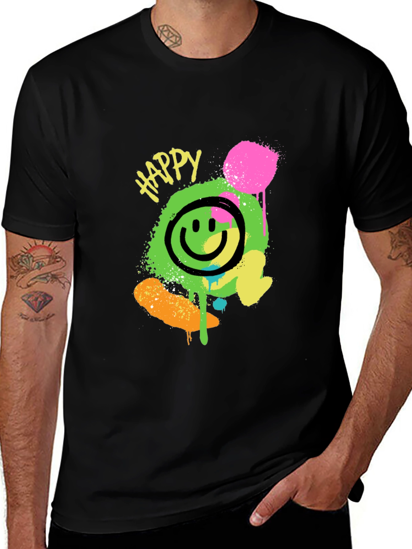 Variant 5 of Happy Smiley Face Graphic Tee - Black Crew Neck T-Shirt
