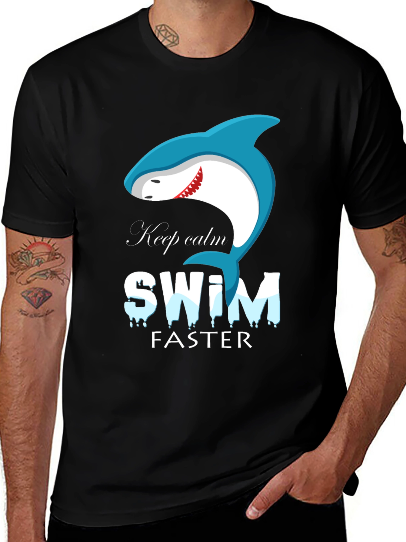 Variant 19 of Keep Calm Swim Faster Shark Graphic Black T-Shirt