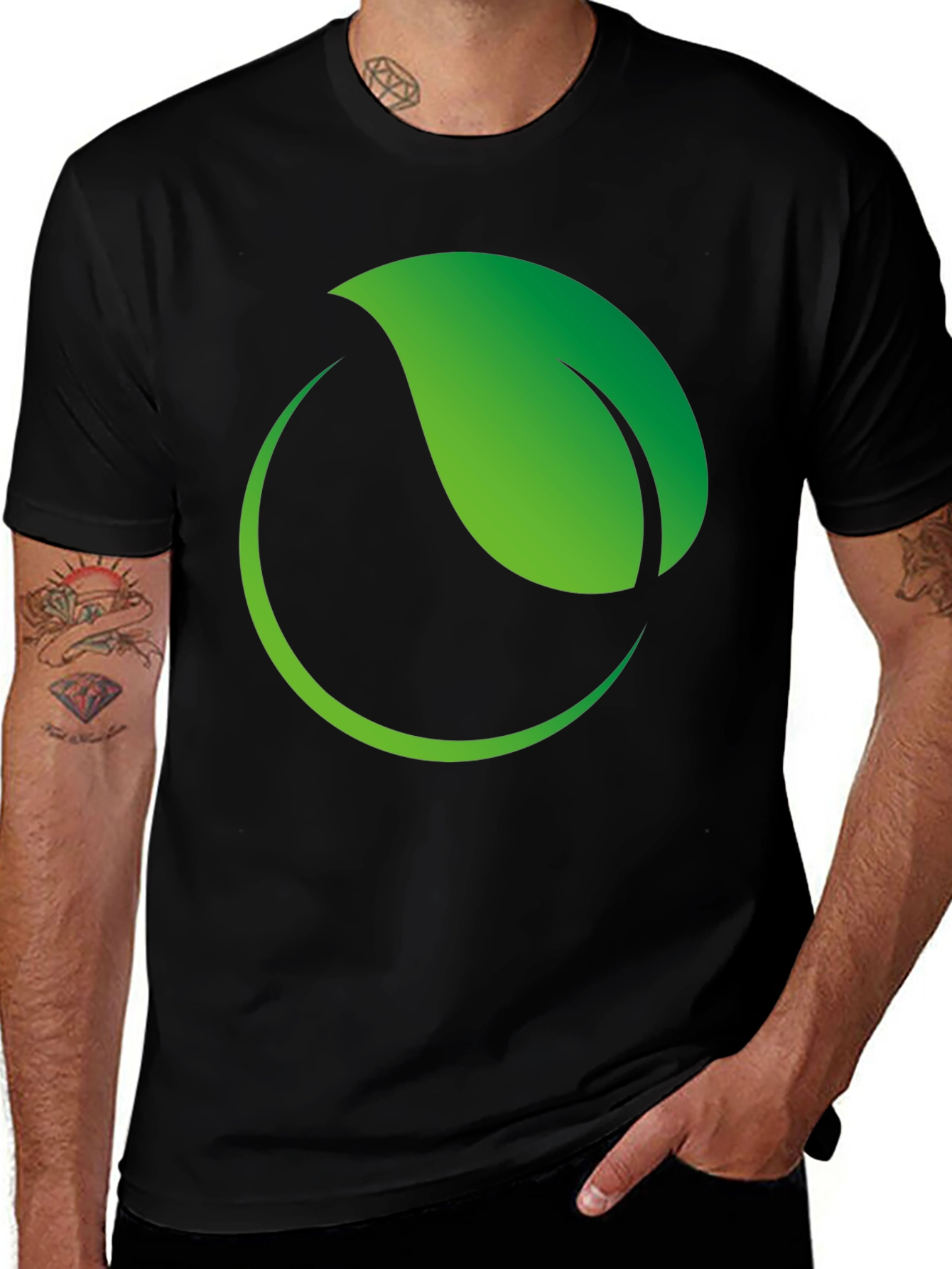 Variant 12 of Eco-Friendly Black T-Shirt with Green Leaf Logo