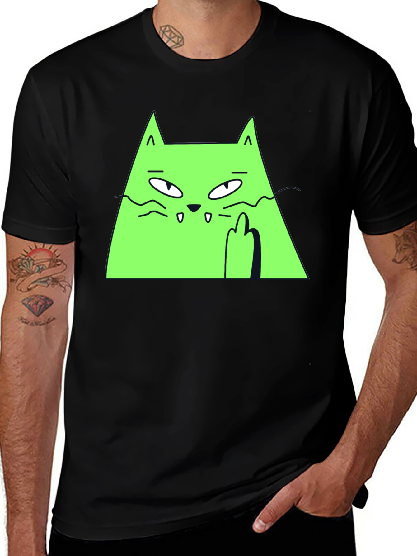 Variant 24 of Green Cat Graphic Tee - Black T-Shirt