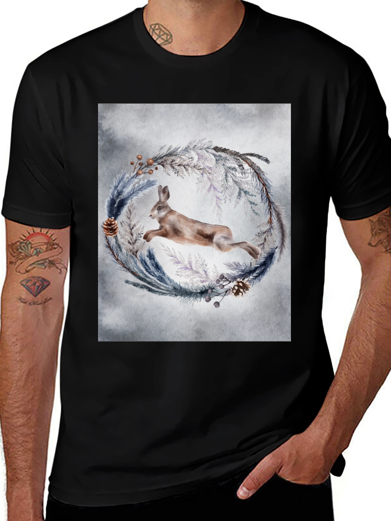 Variant 24 of Leaping Hare Wreath Graphic T-Shirt