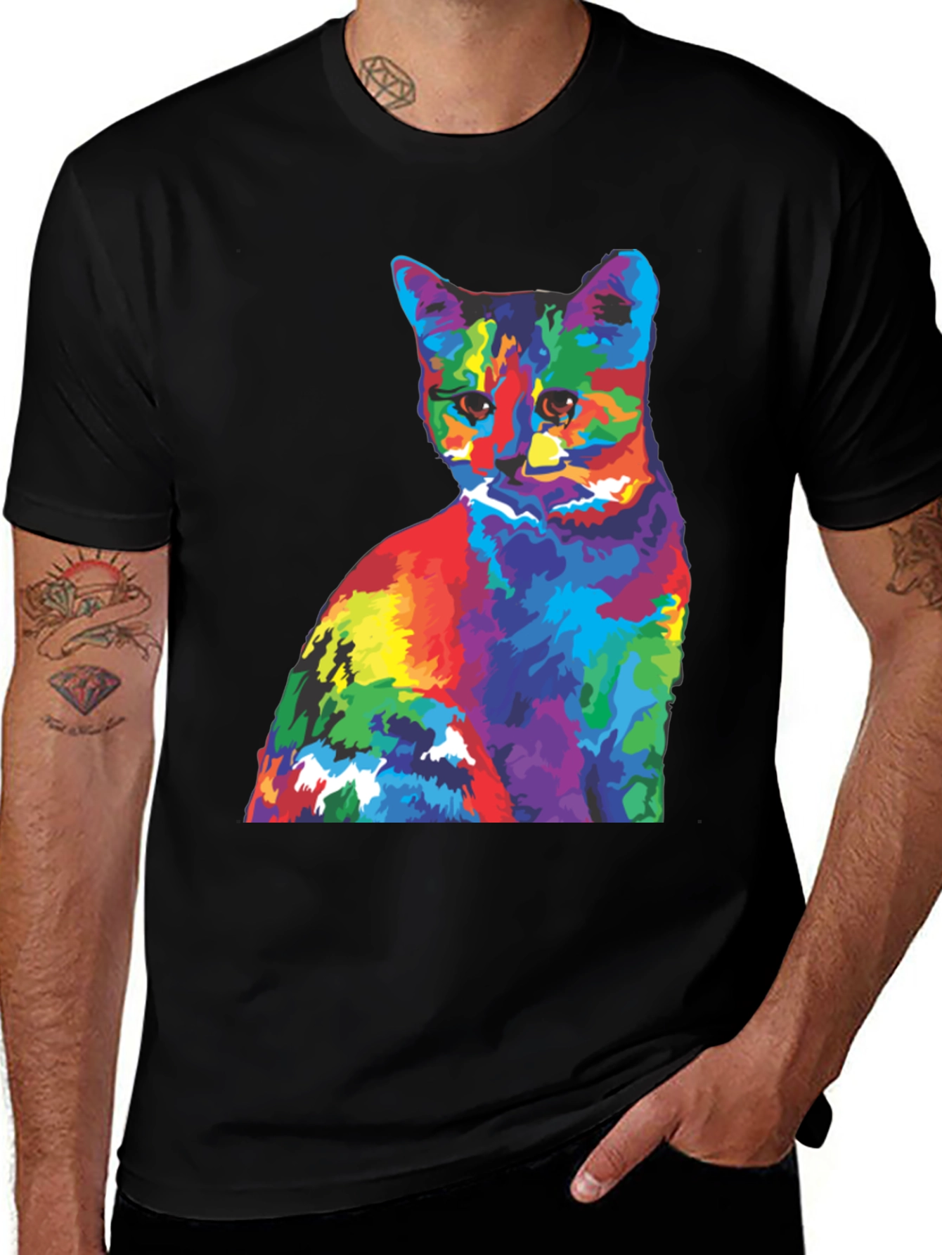 Variant 15 of Rainbow Cat Graphic Tee - Men's Black Cotton T-Shirt