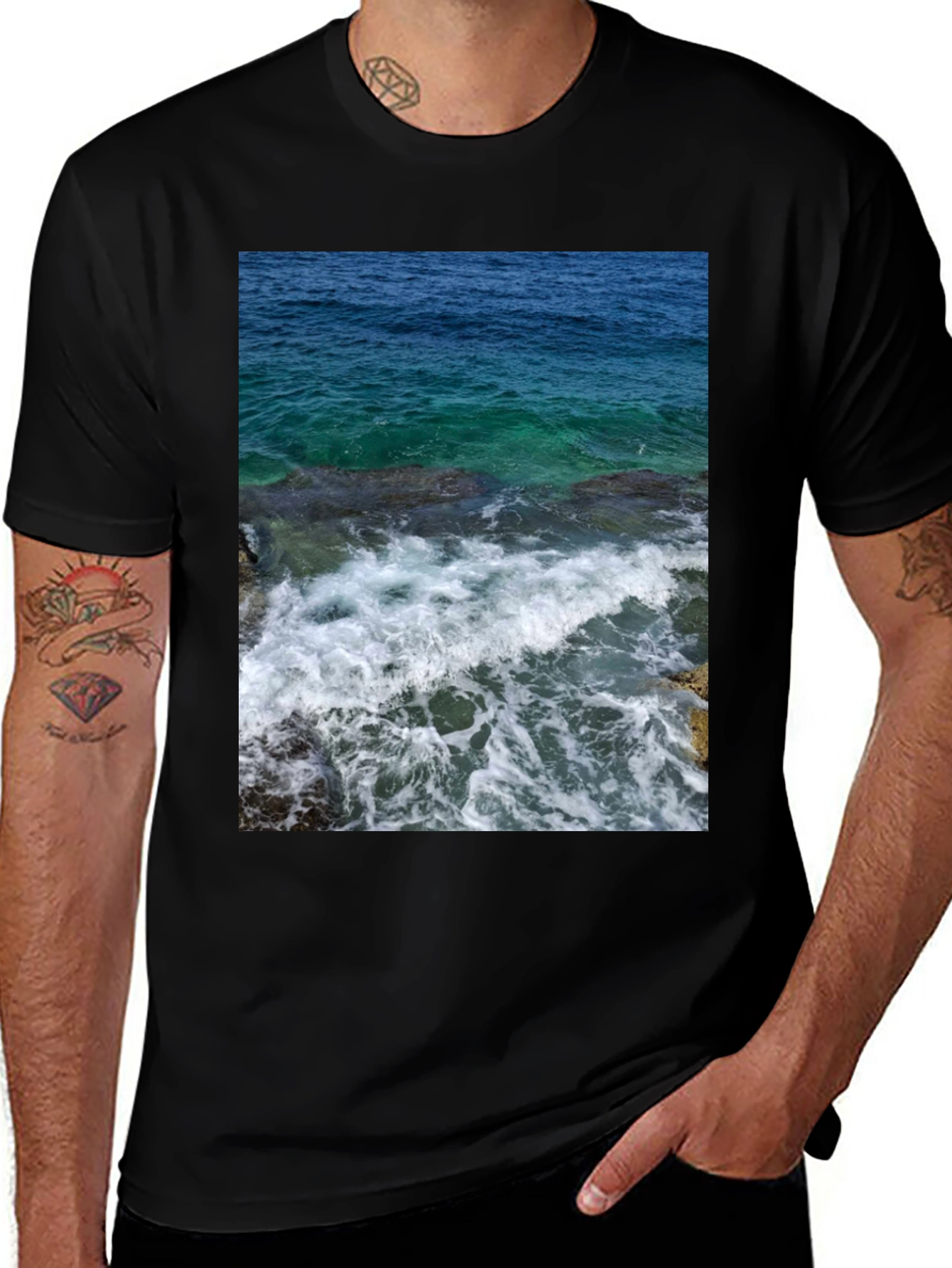 Variant 21 of Ocean Waves Graphic Tee - Black Cotton Comfort