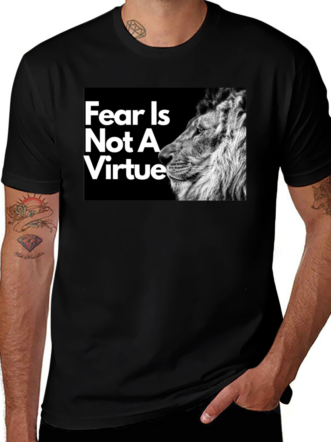 Variant 29 of Fear Is Not A Virtue Lion Graphic Tee - Black