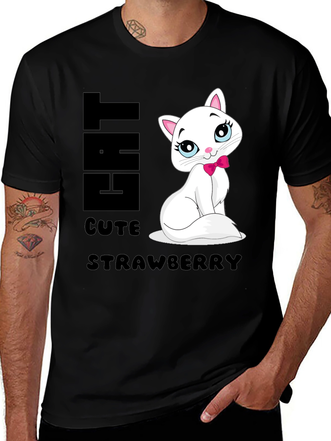 Variant 24 of Cute Cat Strawberry Graphic Print Tee