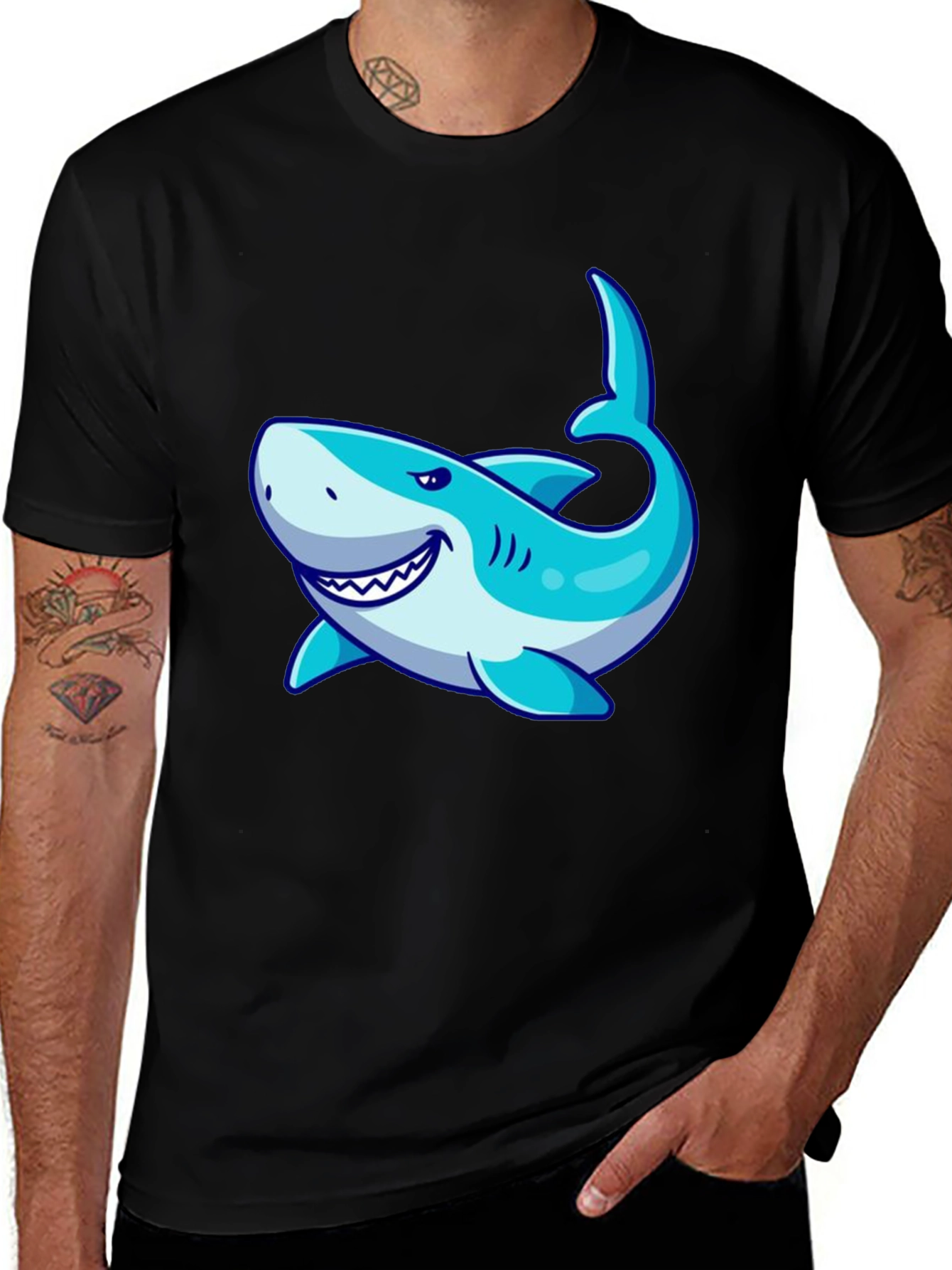 Variant 6 of Men's Black T-Shirt with Cartoon Shark Graphic