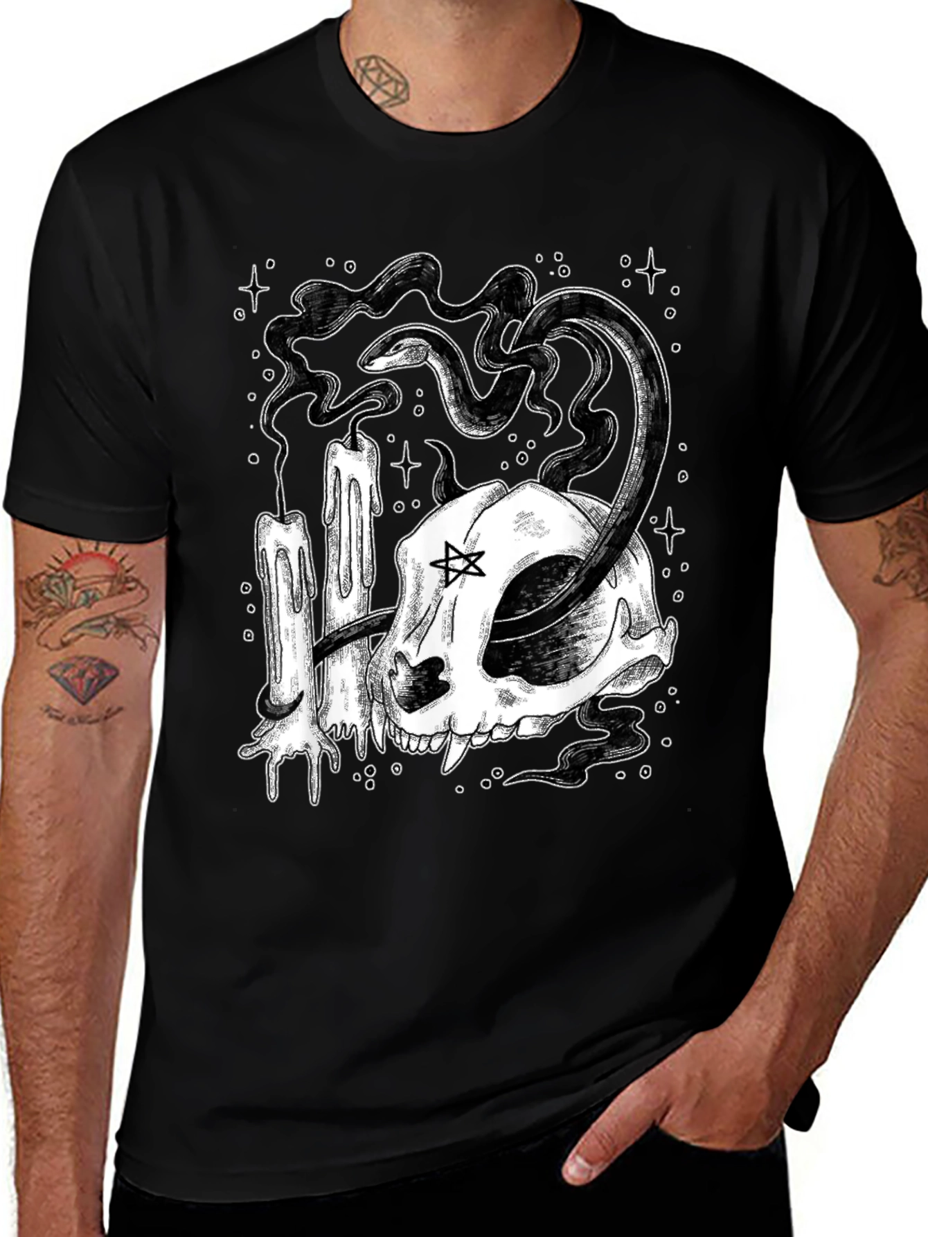 Variant 4 of Mystic Cat Skull Tee - Occult Candle Snake Design