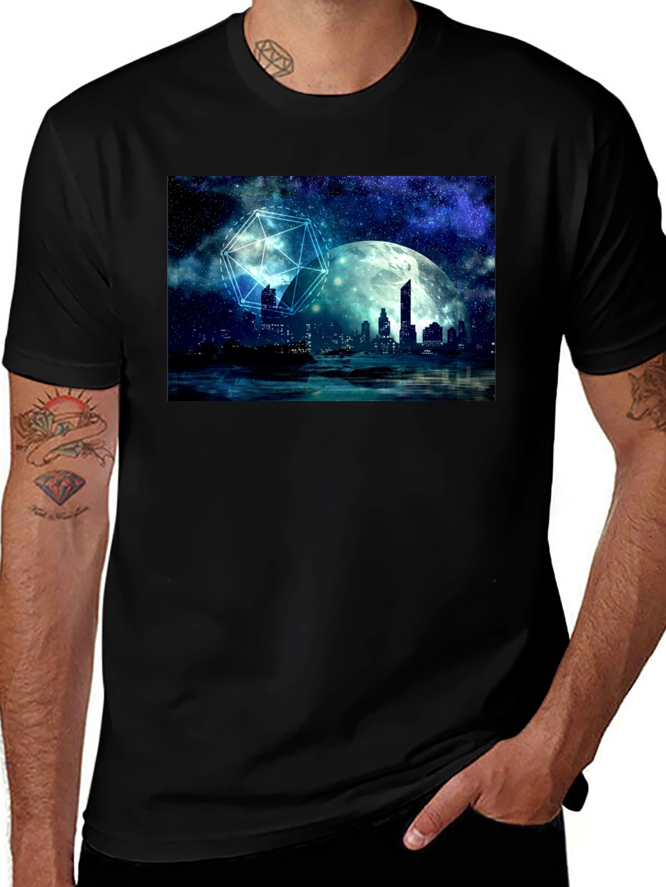 Black Celestial Cityscape Graphic Tee main image