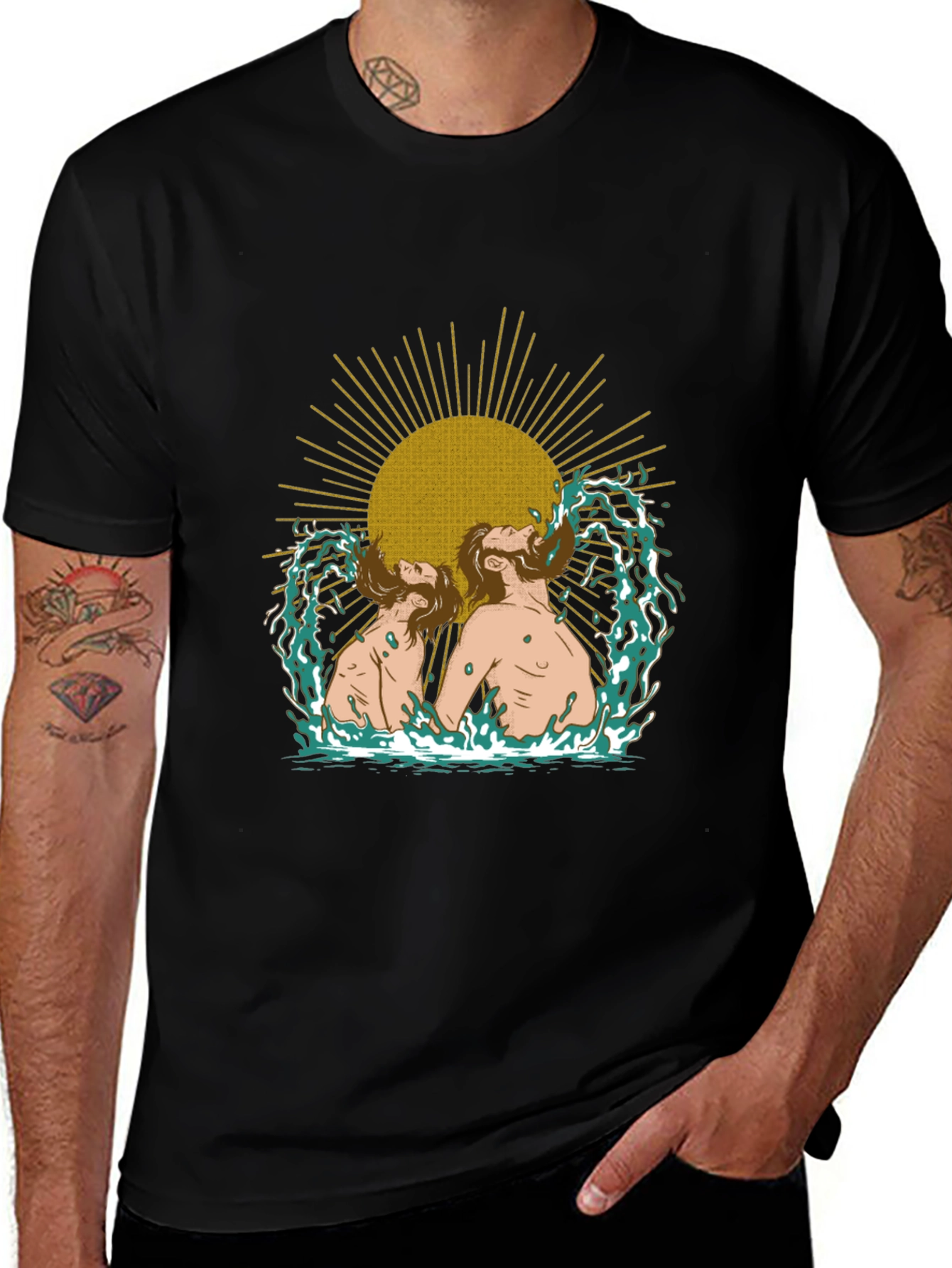 Variant 24 of Men's Black Graphic T-Shirt - Sun and Water Design