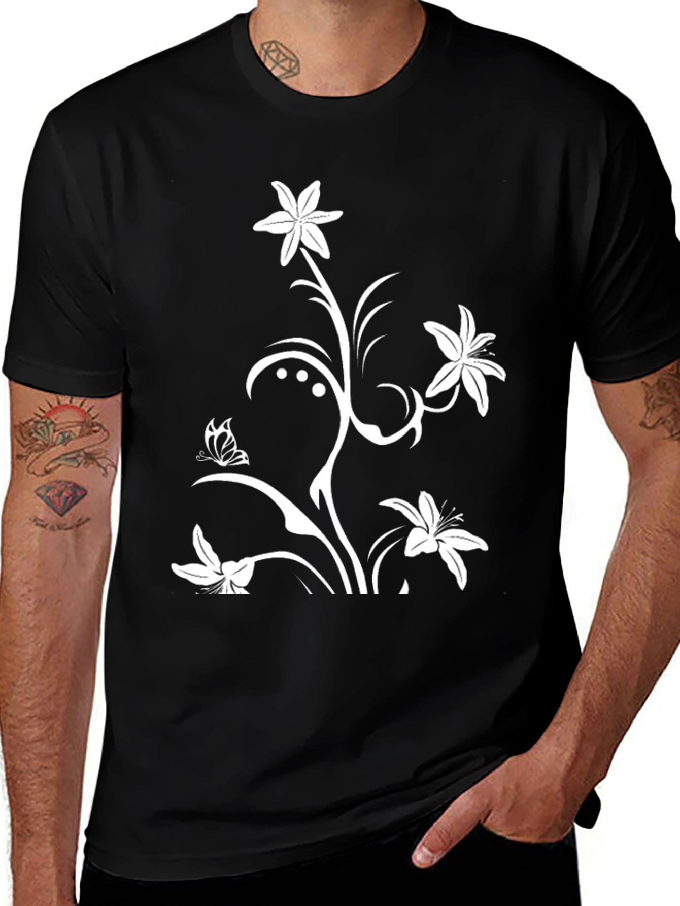 Variant 4 of Black Tee with Floral Butterfly Design